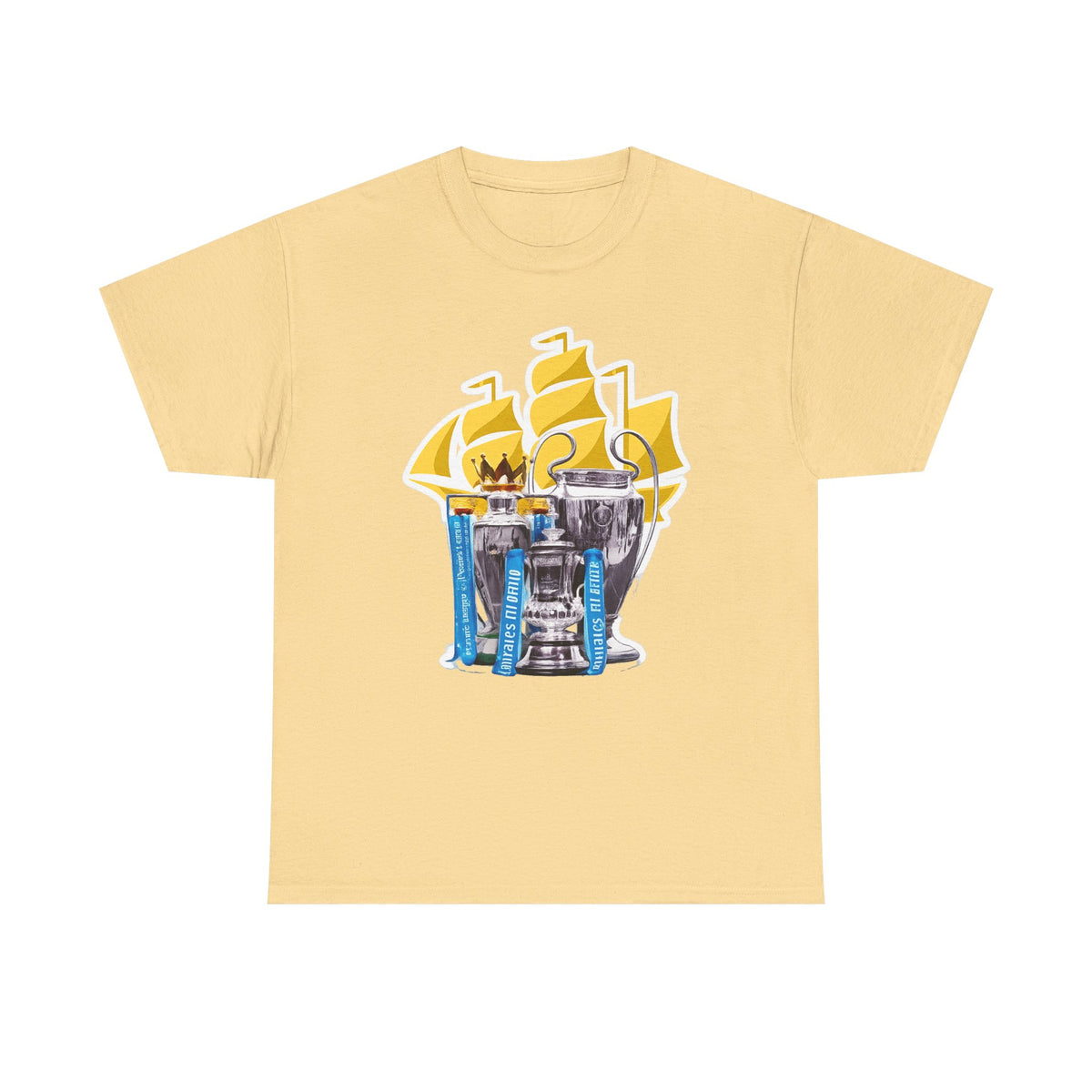Manchester City Champions Trophy Tee – Golden Cups & Blue Scarves Football Fan Shirt