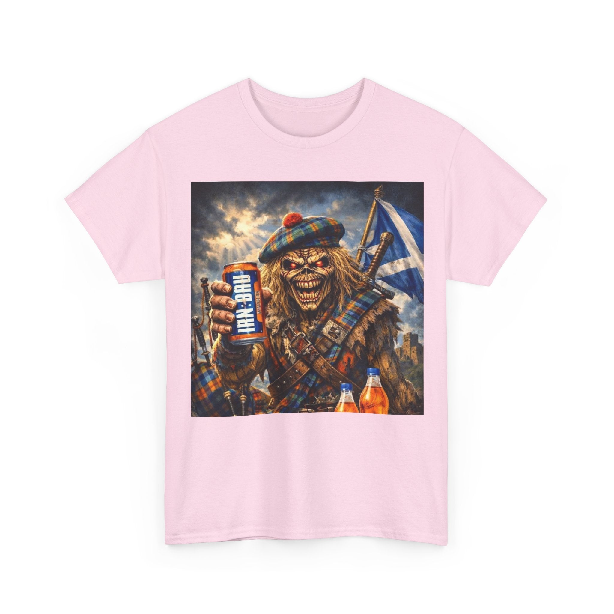 Scottish Rock Skull T‑Shirt — Eddie the Piper with Flag & Can Graphic Tee