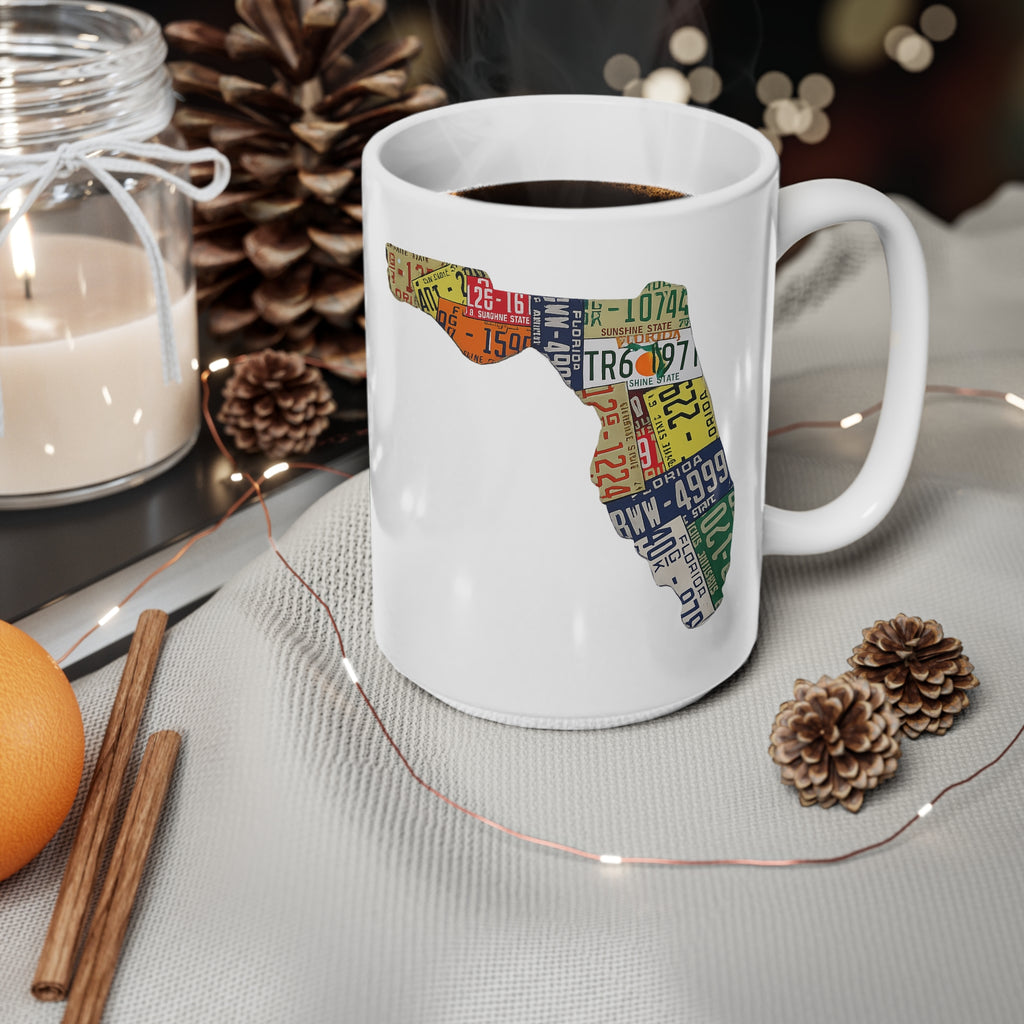 Florida License Plate Map Ceramic Coffee Mug — 11oz & 15oz