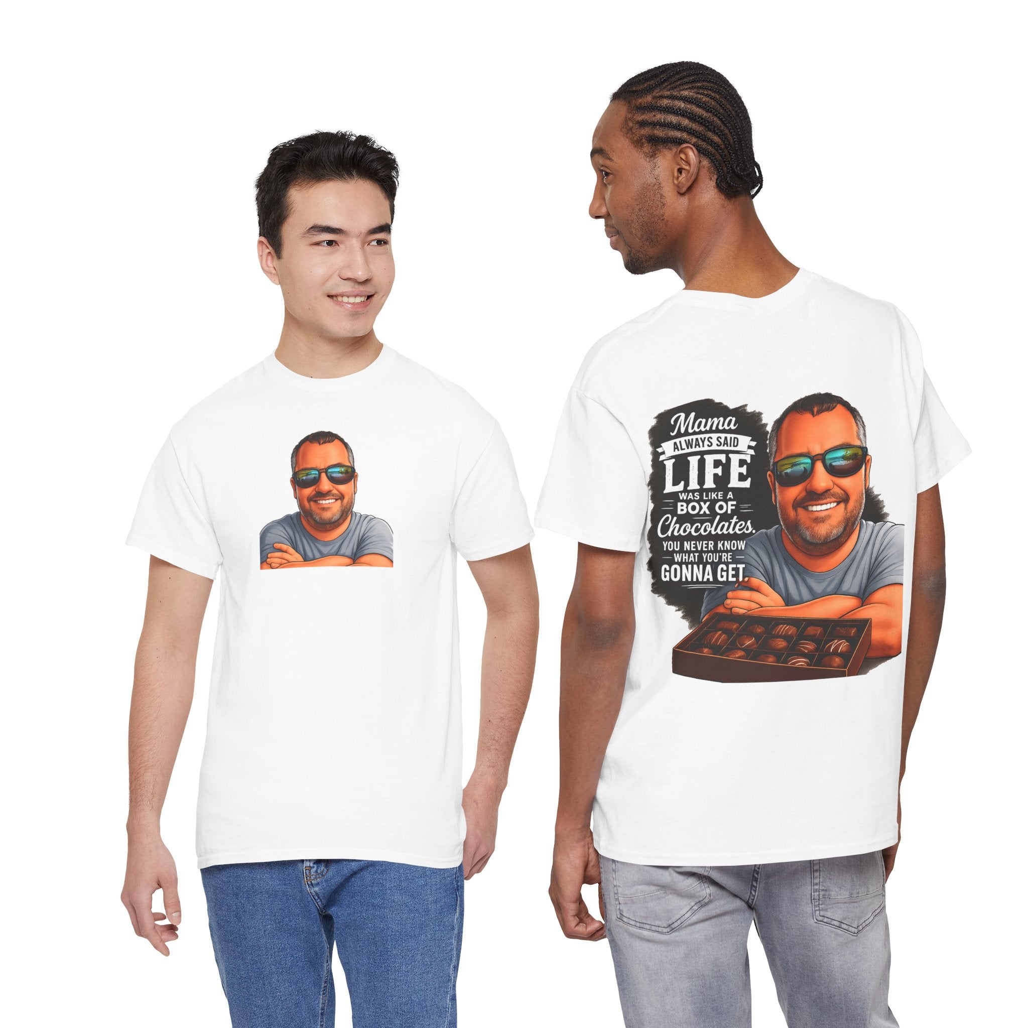 T-Shirt — "Mama Always Said Life Is Like A Box Of Chocolates" Graphic Tee (Funny Retro Portrait)