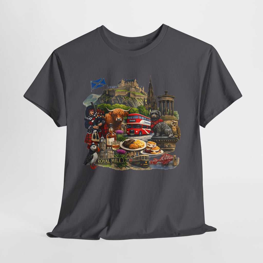 Scotland / Edinburgh Travel Collage T-Shirt — Edinburgh Castle, Bagpipes & Local Icons