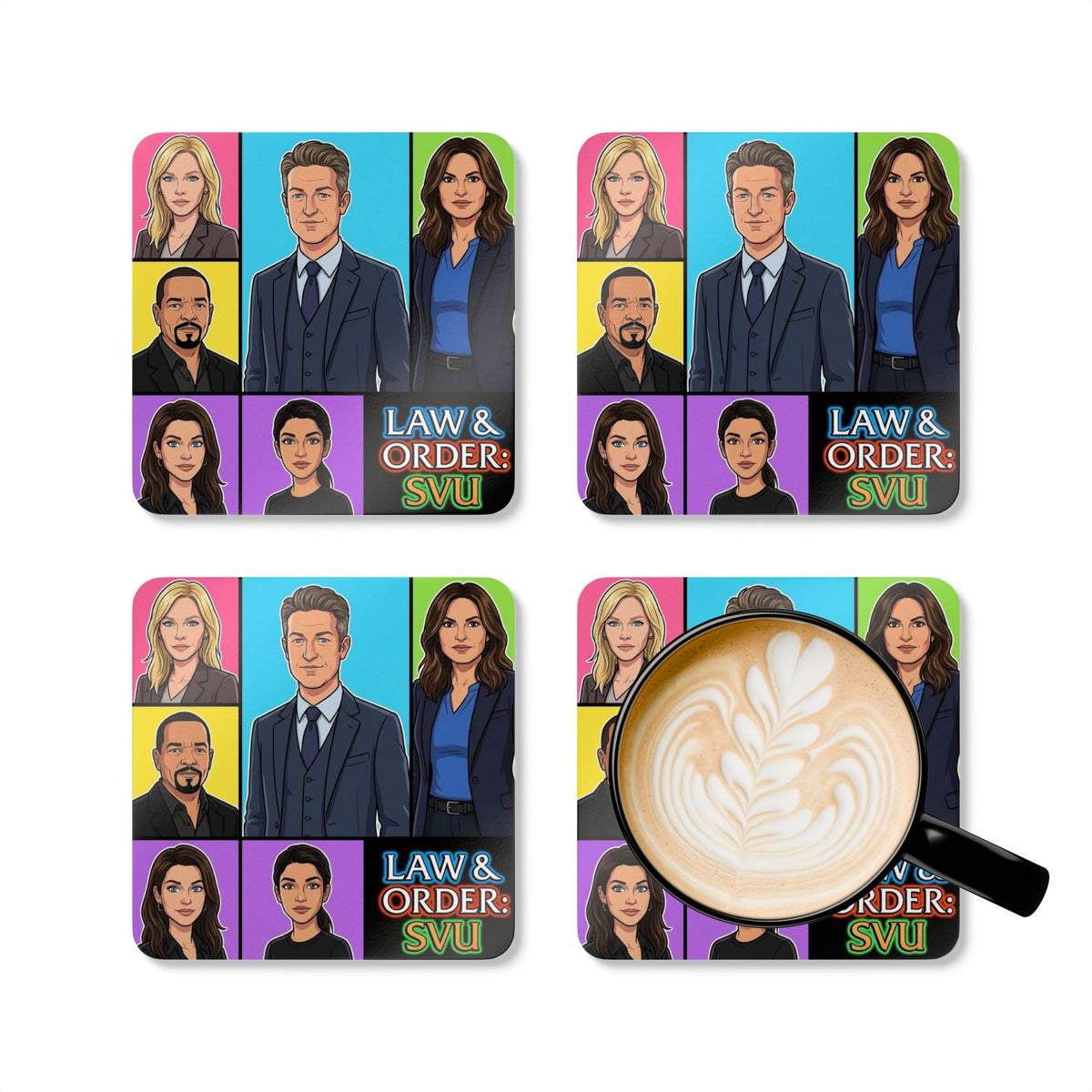 Law & Order: SVU Character Pop Art Corkwood Coaster Set — TV Fan Drink Coasters