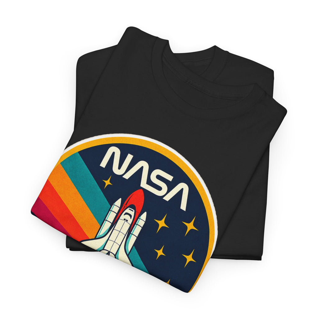NASA Retro Rocket T‑Shirt — Vintage Space Shuttle Tee with Rainbow Trail
