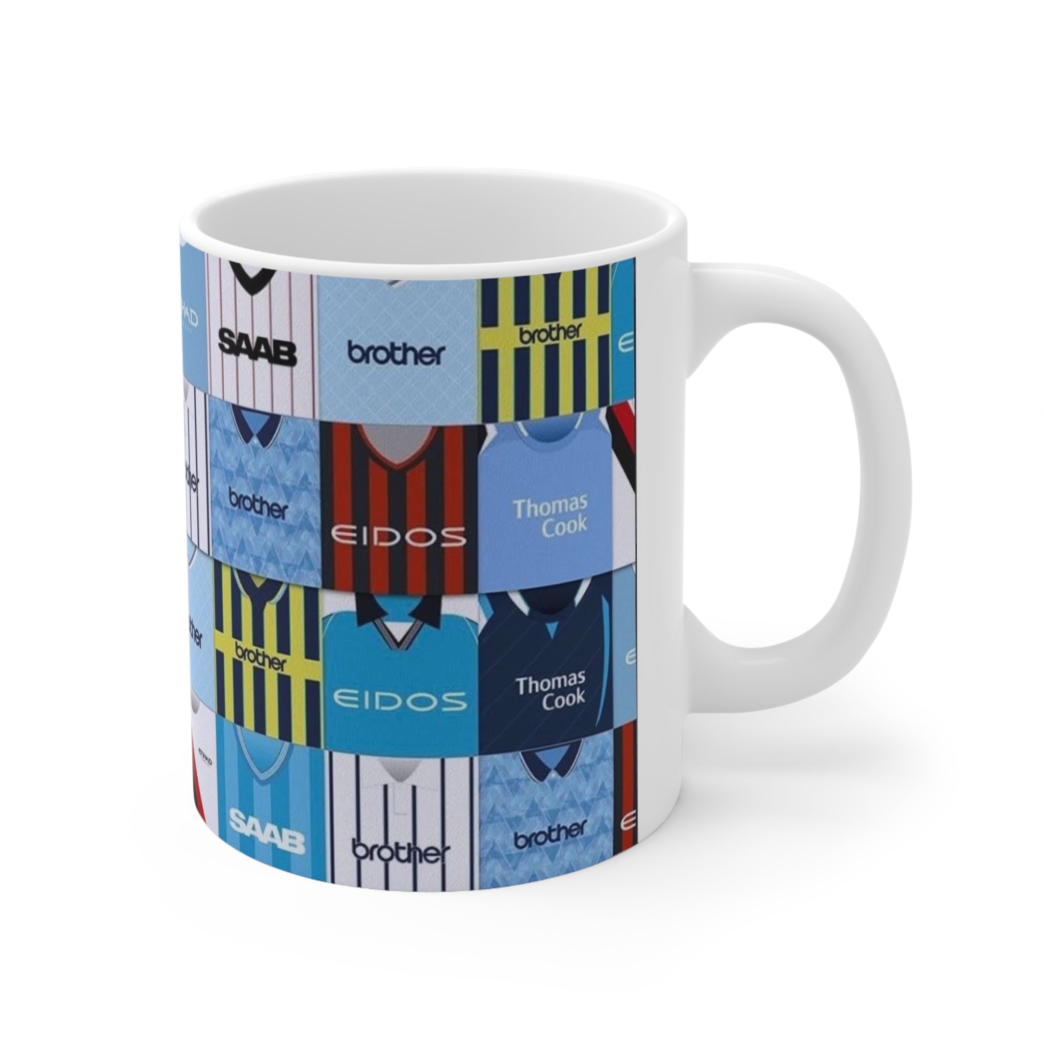 Manchester City Retro Football Kit Collage Mug — Vintage Soccer Jersey Pattern Coffee Cup (11oz & 15oz)