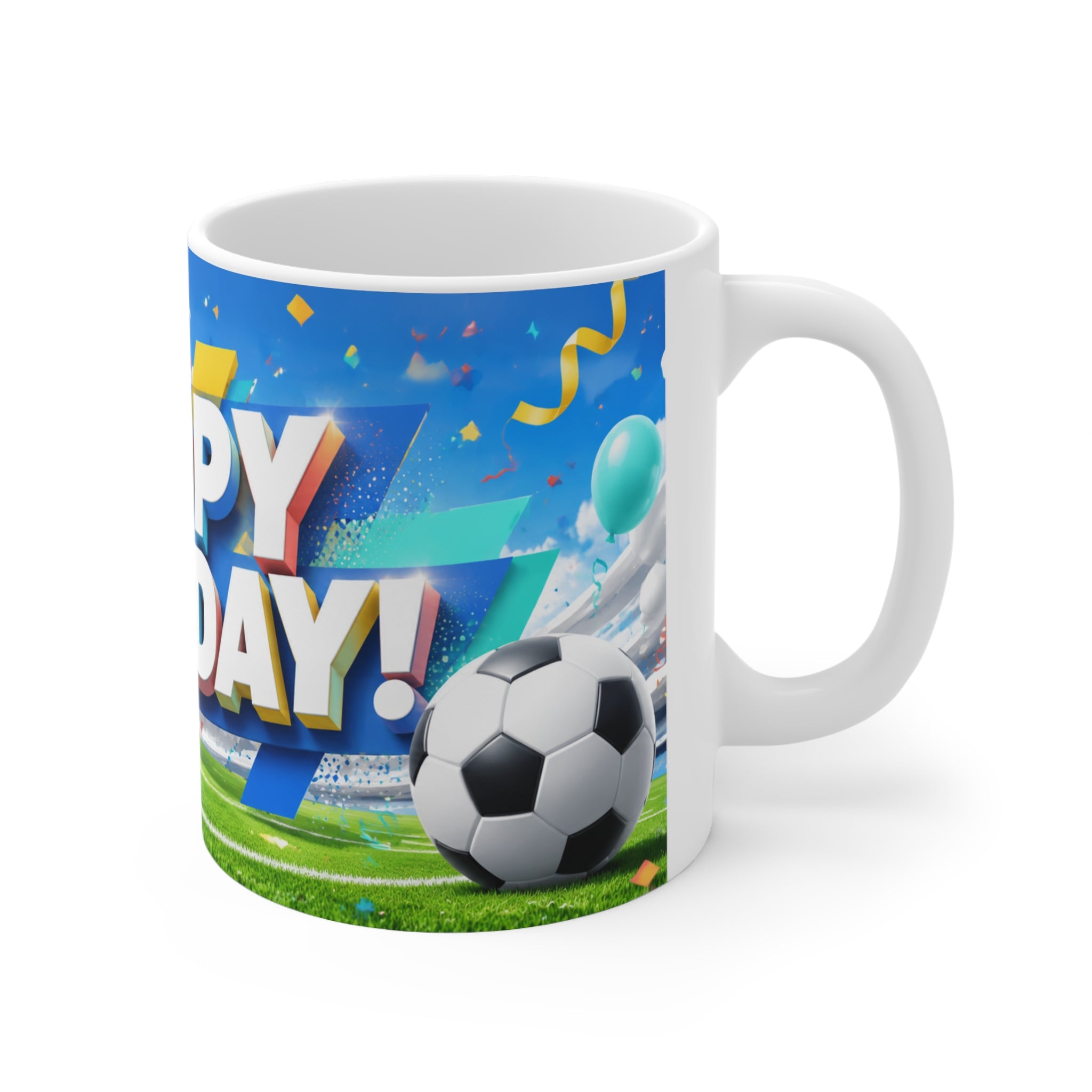 Happy Birthday Football Fan Ceramic Coffee Mug — Festive Balloons & Confetti Design (11oz, 15oz)