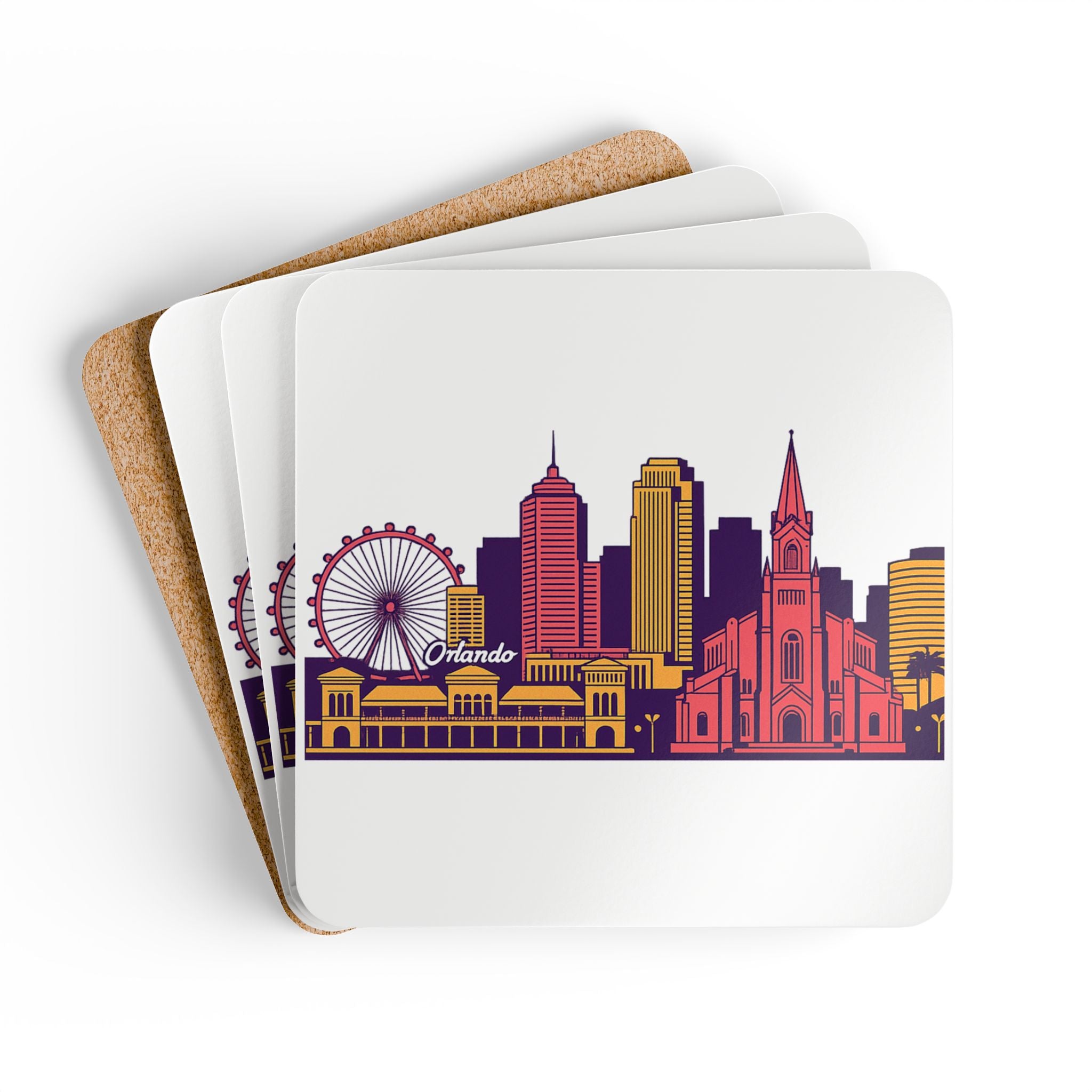Orlando Skyline Cork Coaster Set – Colorful Cityscape Drink Coasters (4-Pack)