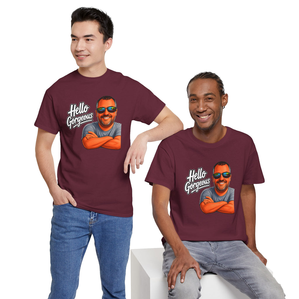 Hello Gorgeous Graphic Tee — Funny Retro Portrait T‑Shirt