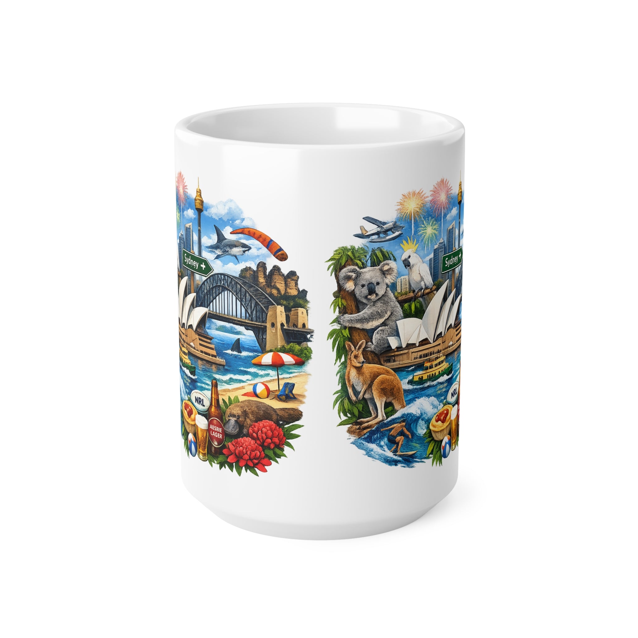 Sydney Australia Souvenir Coffee Mug — 11oz & 15oz Ceramic Cup with Opera House, Harbour Bridge & Native Wildlife