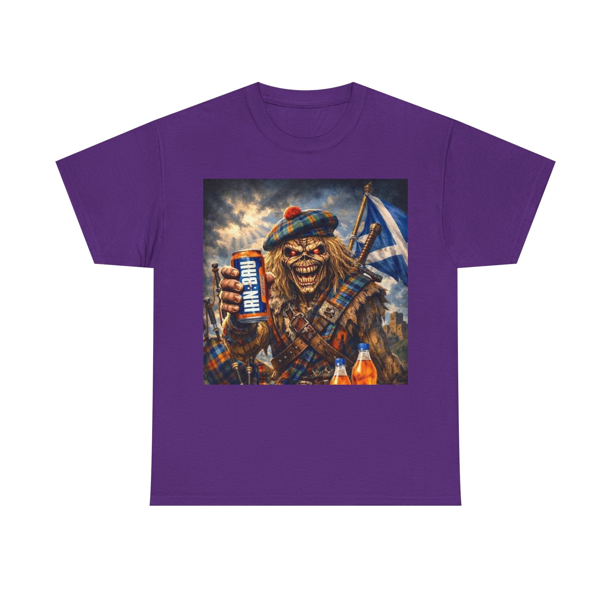 Scottish Rock Skull T‑Shirt — Eddie the Piper with Flag & Can Graphic Tee