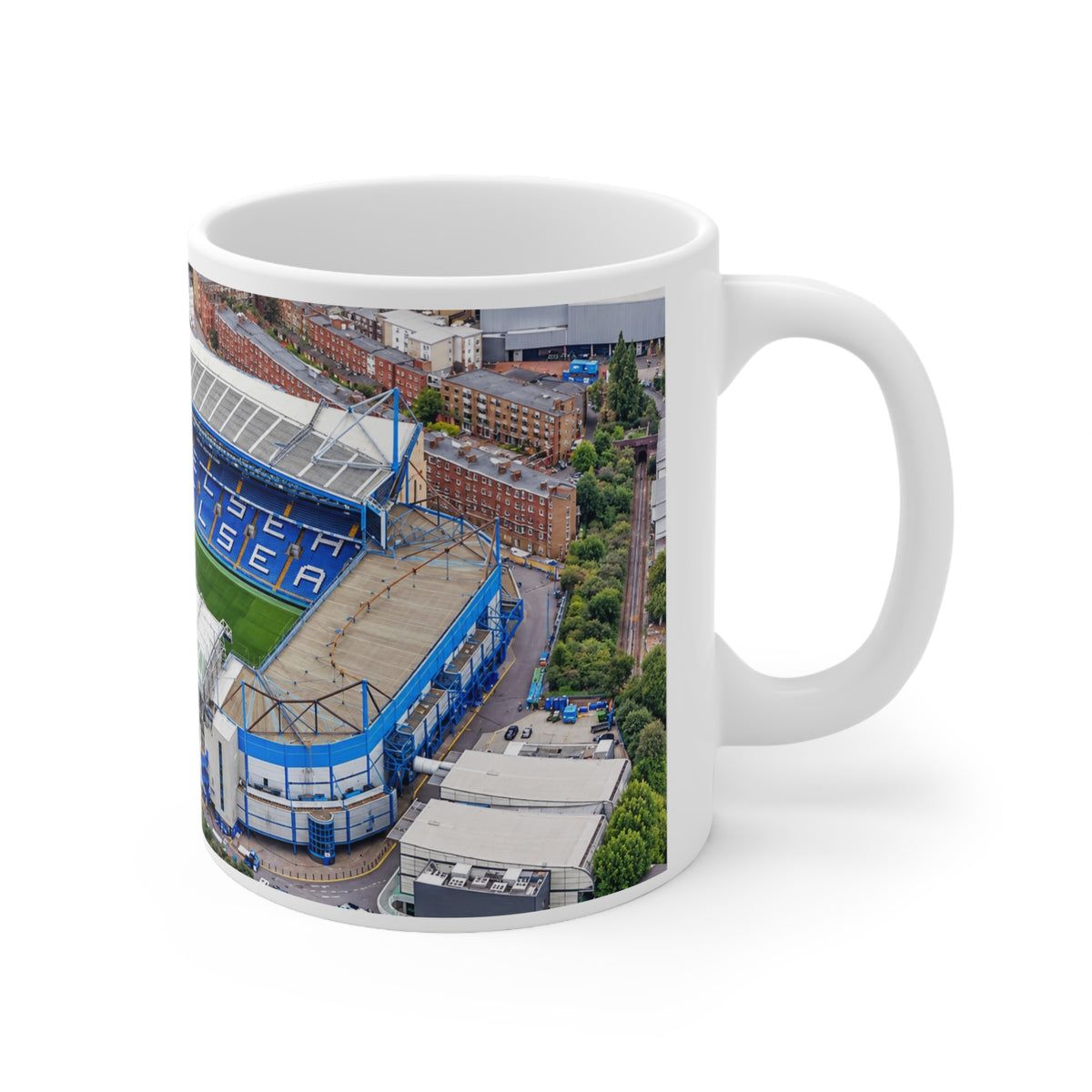 Chelsea FC Stamford Bridge Stadium Aerial Photo Ceramic Coffee Mug — 11oz & 15oz
