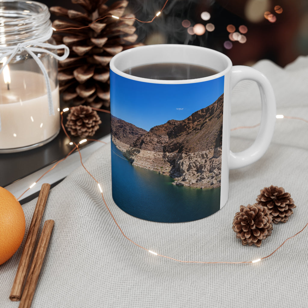 Desert Canyon Lake Photo Mug — Scenic Blue Waters Ceramic Coffee Cup (11oz & 15oz)