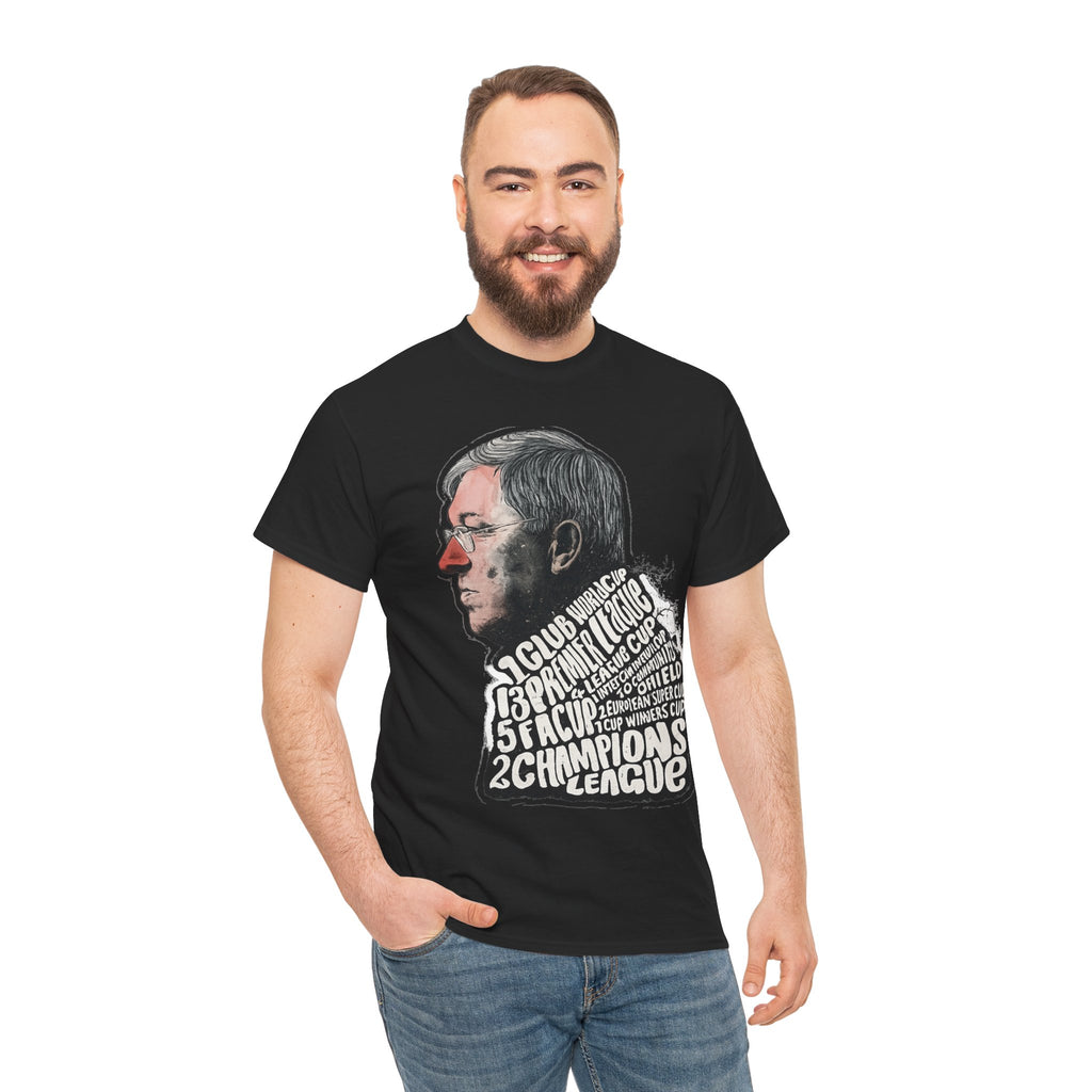 SIr Alex Ferguson Achievements Vintage Football Manager Profile Tee — Illustrated Head with Trophy Text Design