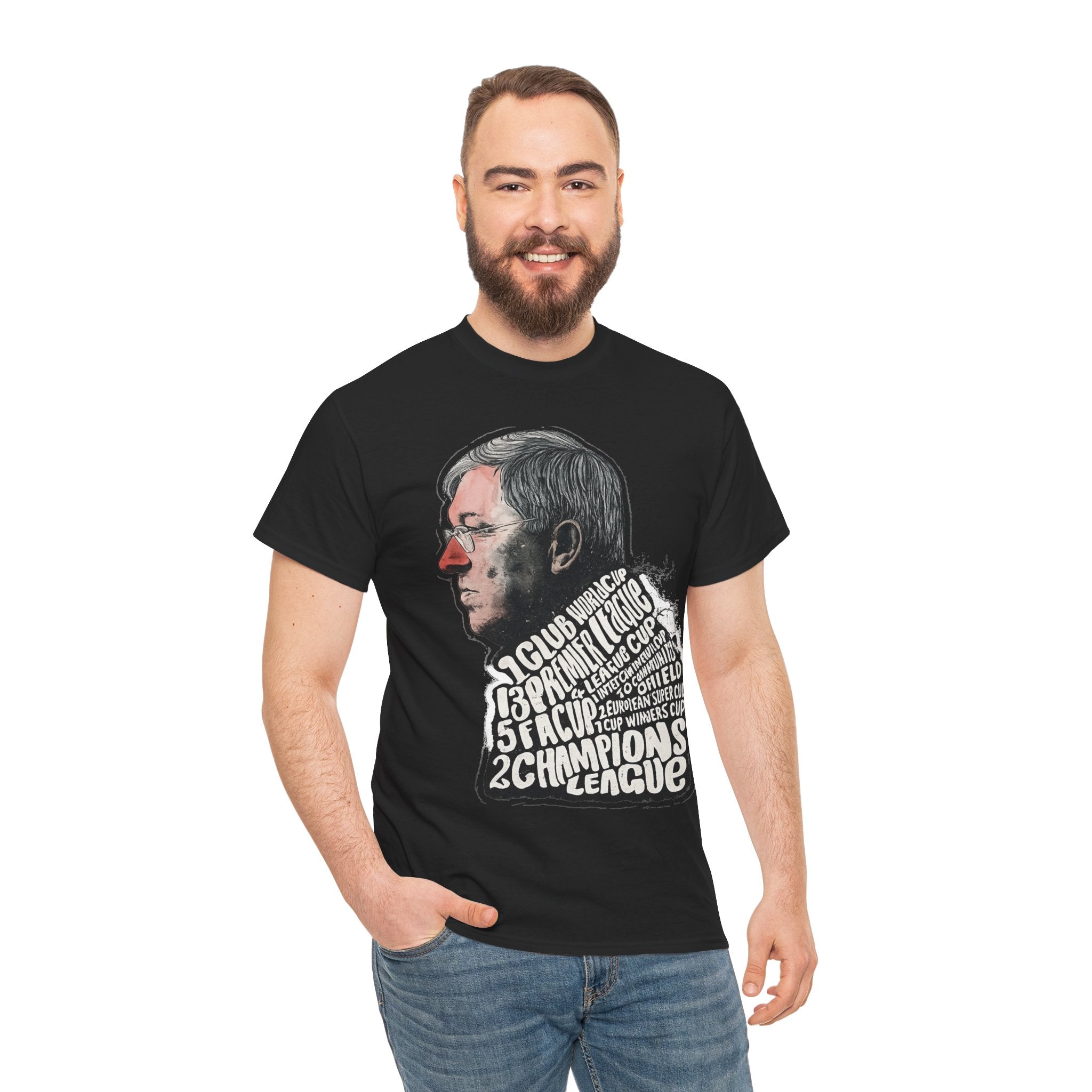 SIr Alex Ferguson Achievements Vintage Football Manager Profile Tee — Illustrated Head with Trophy Text Design