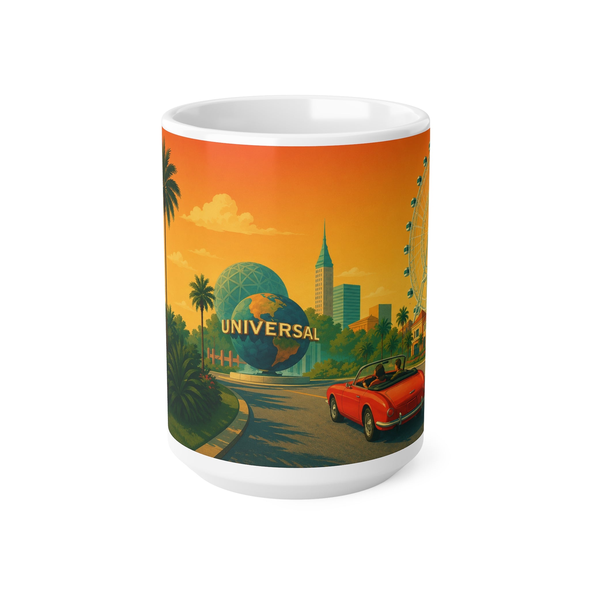Universal Orlando Vintage AI Sunset Mug — Retro Palm Tree Travel Coffee Cup (11oz, 15oz)