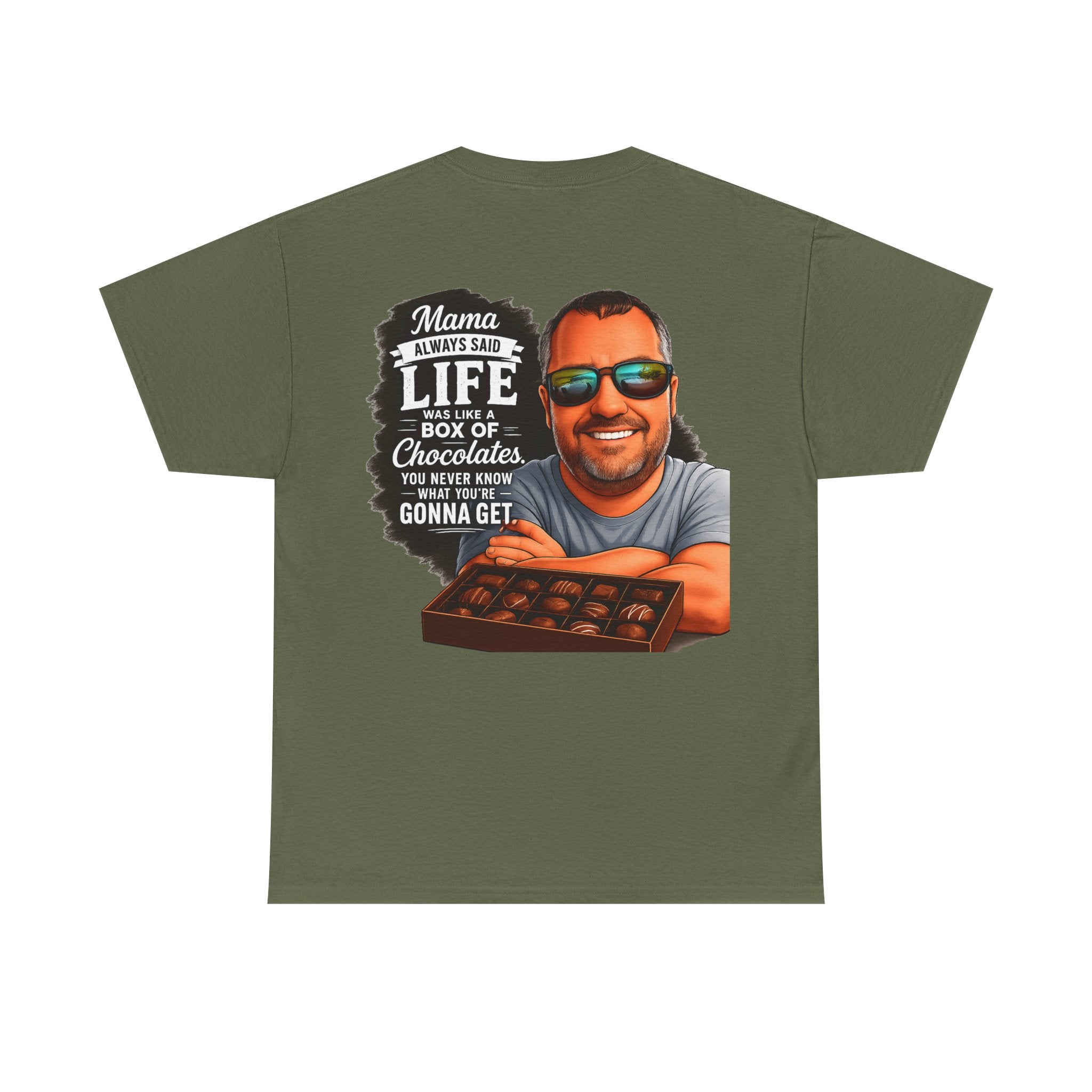 T-Shirt — "Mama Always Said Life Is Like A Box Of Chocolates" Graphic Tee (Funny Retro Portrait)