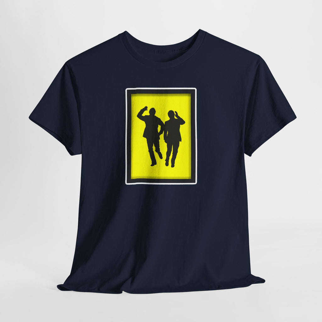 Morecambe and Wise Dancing Silhouette Tee – Retro Yellow Frame Graphic T-Shirt