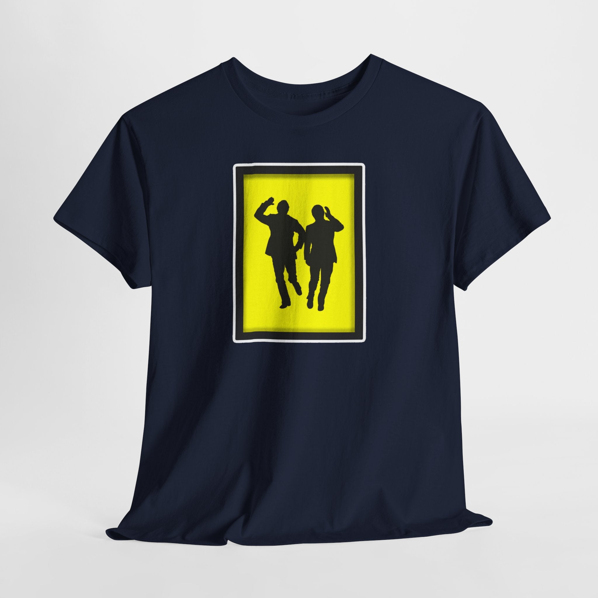 Morecambe and Wise Dancing Silhouette Tee – Retro Yellow Frame Graphic T-Shirt