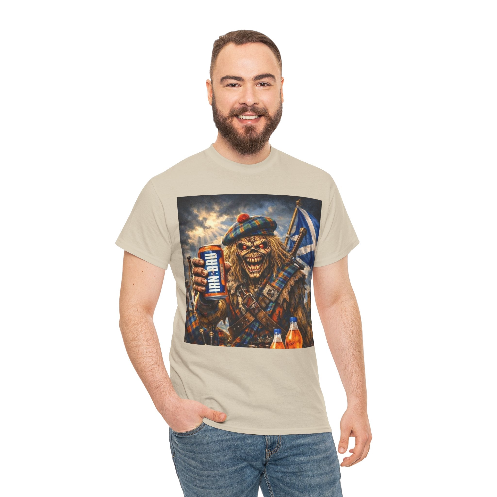 Scottish Rock Skull T‑Shirt — Eddie the Piper with Flag & Can Graphic Tee