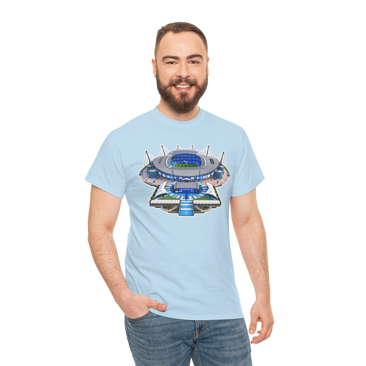Manchester City Etihad Stadium Illustration T-Shirt — Retro Soccer Arena Graphic Tee