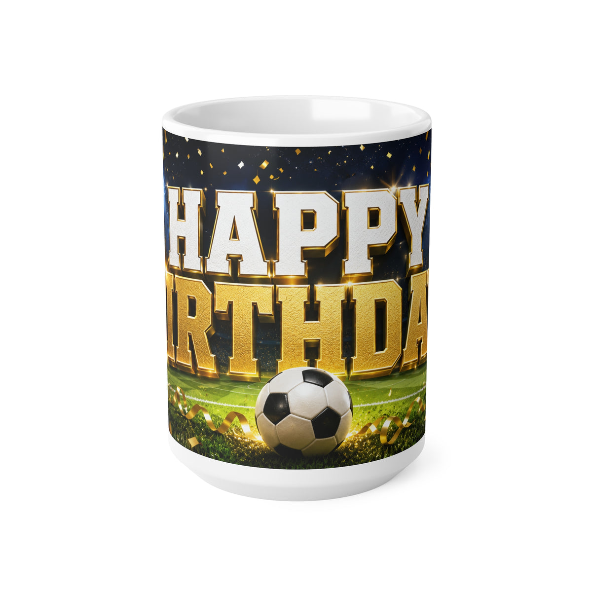 Happy Birthday Soccer Fan Ceramic Mug — Gold Stadium Football Birthday Coffee Cup