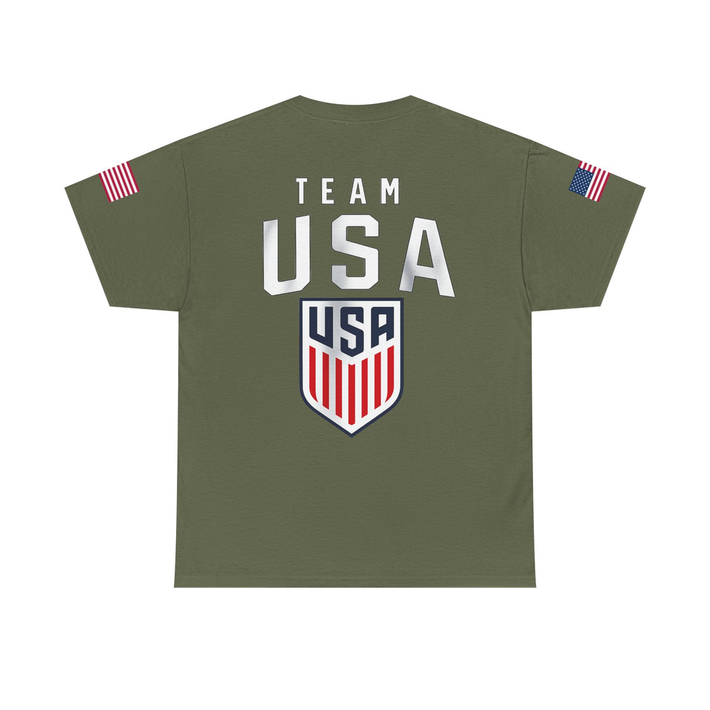 Team USA Flag T‑Shirt — Patriotic Navy Tee with Back Shield Logo