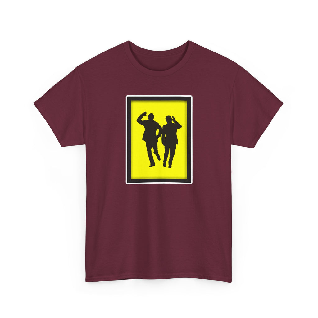 Morecambe and Wise Dancing Silhouette Tee – Retro Yellow Frame Graphic T-Shirt