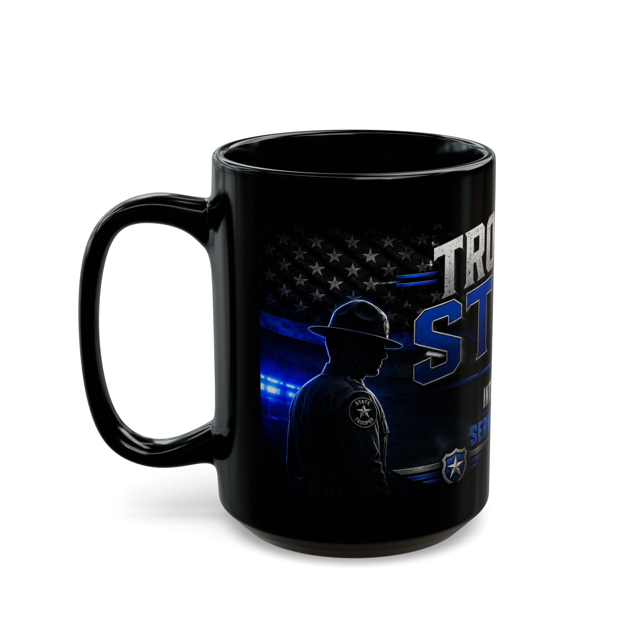 Police Trooper Mug — "Trooper Steve: Integrity in Action" Black Coffee Cup (11oz/15oz)