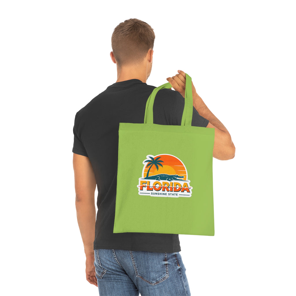 Florida Sunshine State Palm Tree Tote Bag — Retro Beach Sunset Cotton Tote