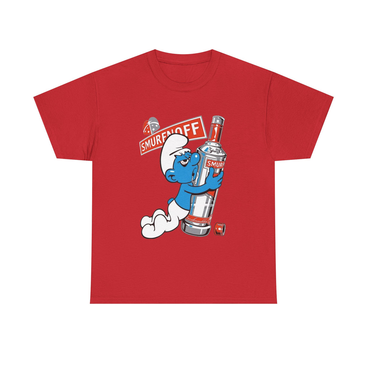 Smurf Holding Bottle Graphic Tee — "Smurf Off" Retro Cartoon T-Shirt