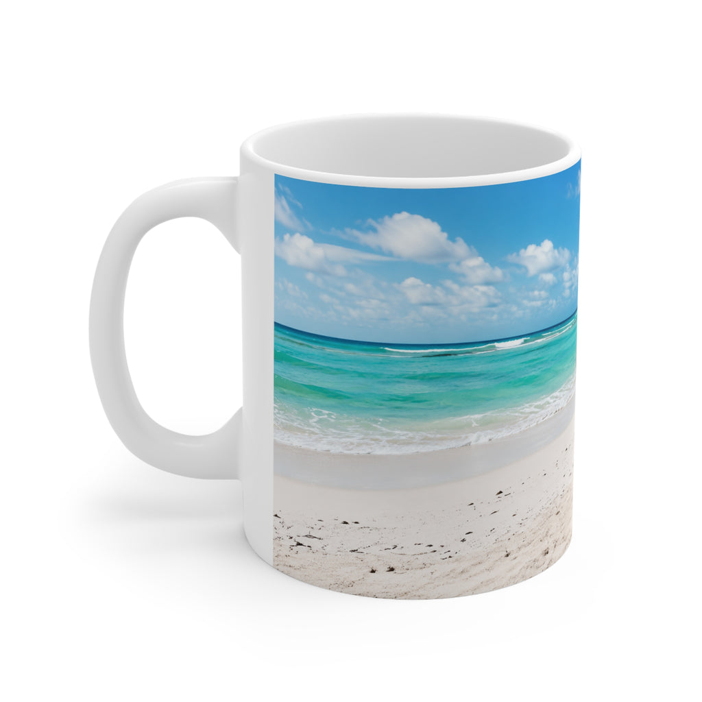 Barbados Beach Bus Stop Photo Mug — Tropical Ocean Scene Ceramic Coffee Cup (11oz & 15oz)