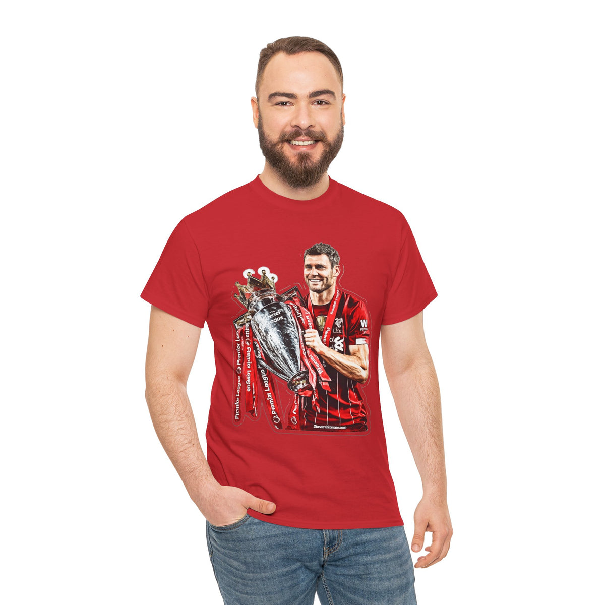 James Milner Liverpool Premier League Champion Trophy T-Shirt — Player Holding Premier Trophy
