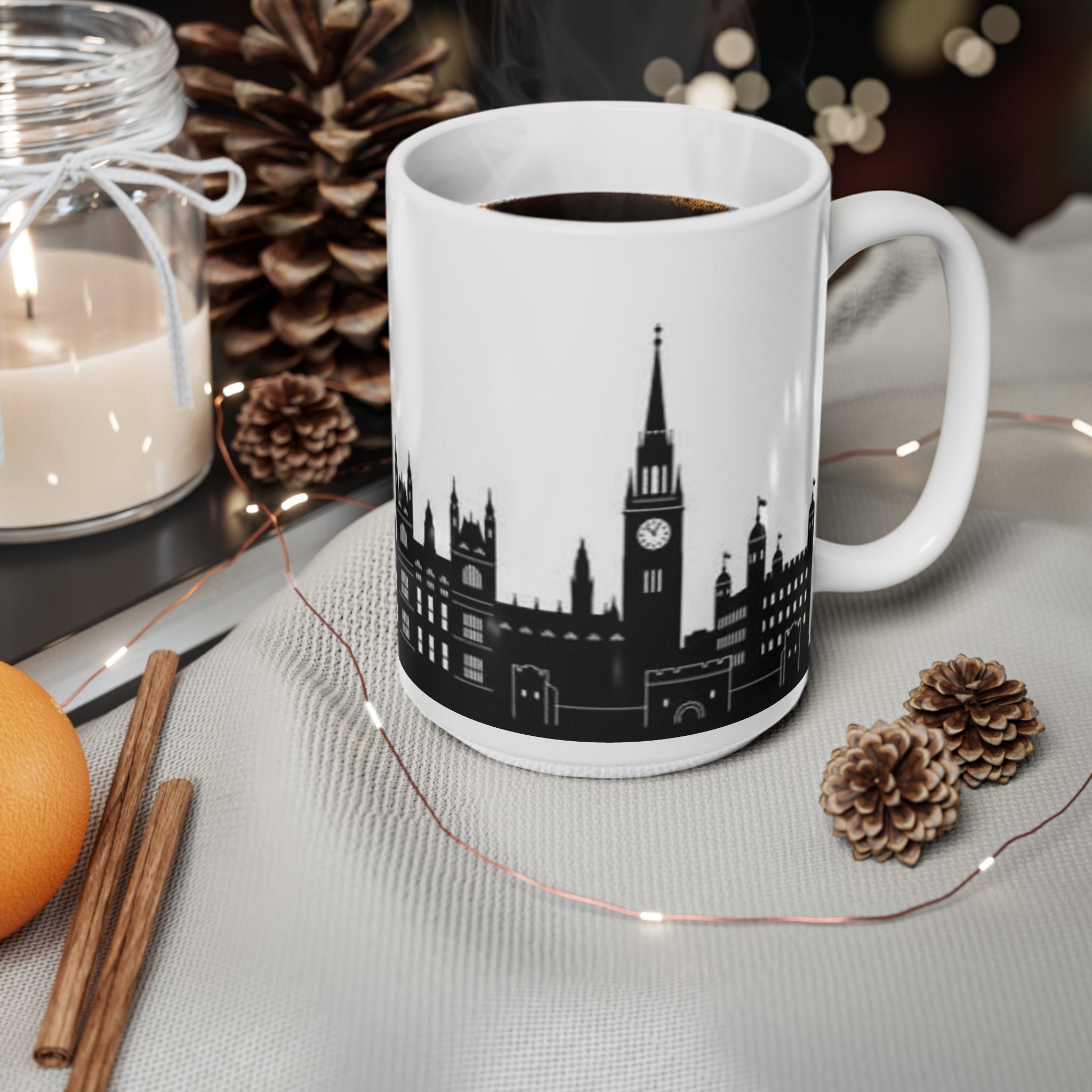 London Skyline Coffee Mug — Black & White Big Ben, London Eye Ceramic Mug (11oz & 15oz)