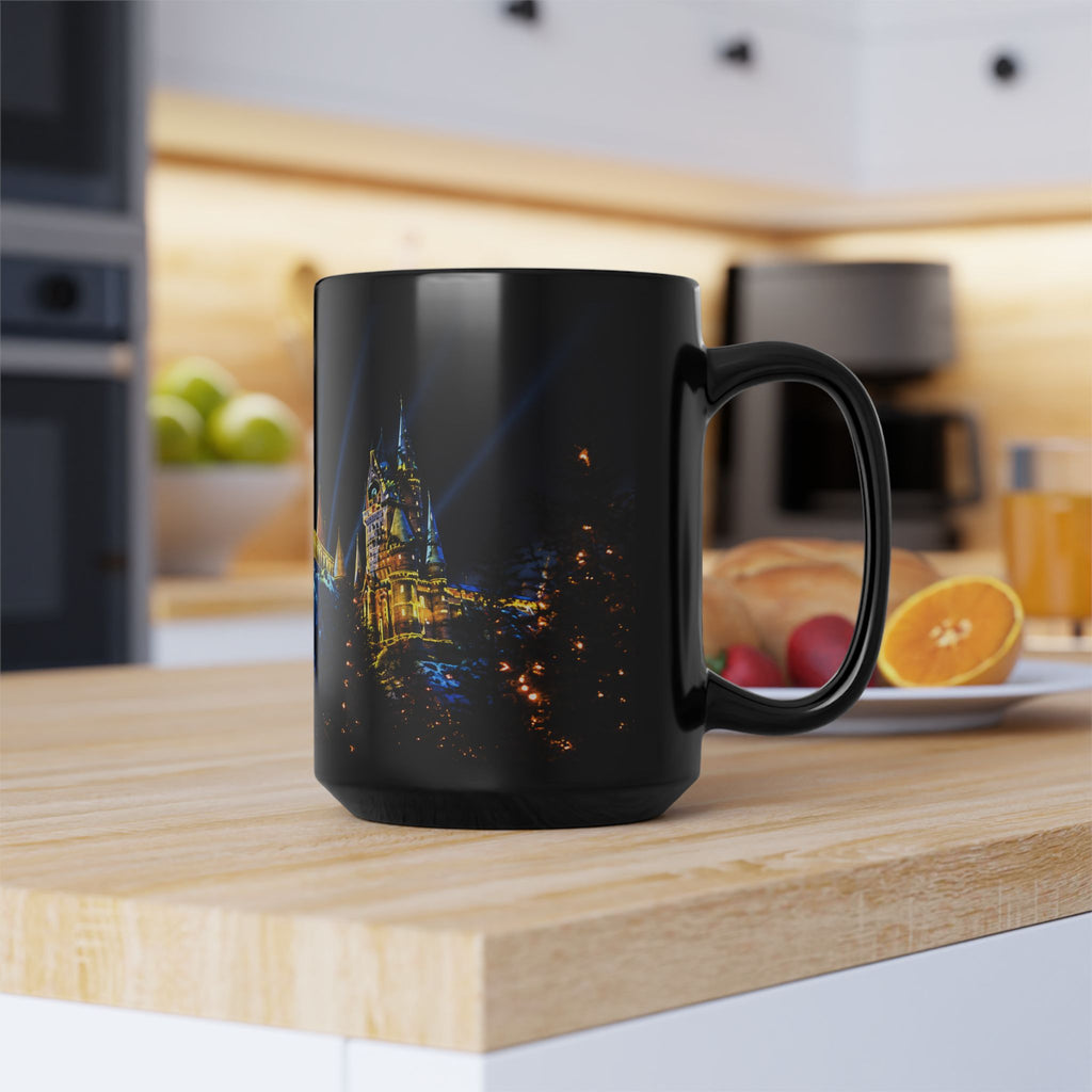 Hogwarts Night Castle Black Coffee Mug – Festive Illuminated Castle Panorama (11oz & 15oz)