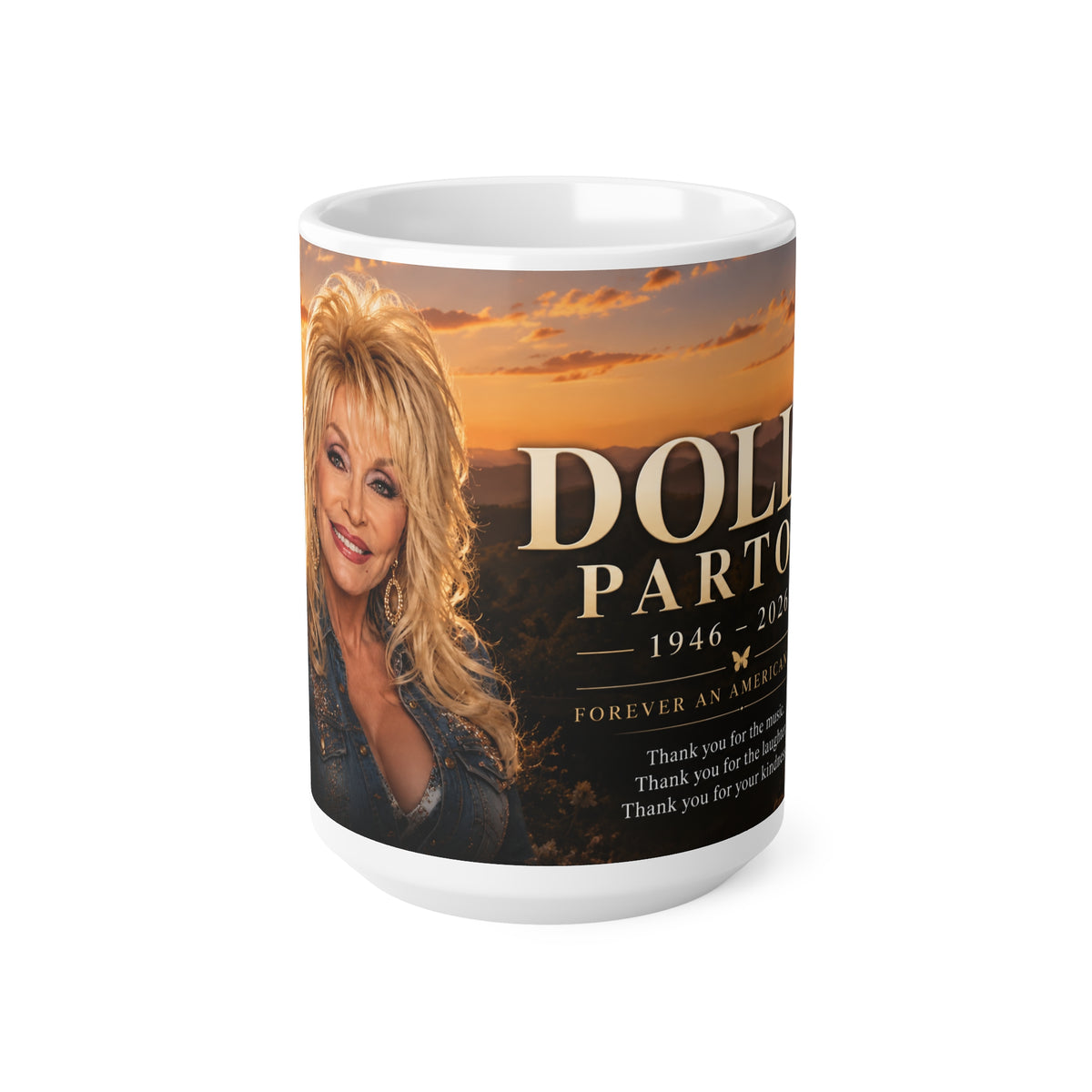 Dolly Parton Memorial Sunset Portrait Mug — Inspirational Tribute Ceramic Coffee Cup