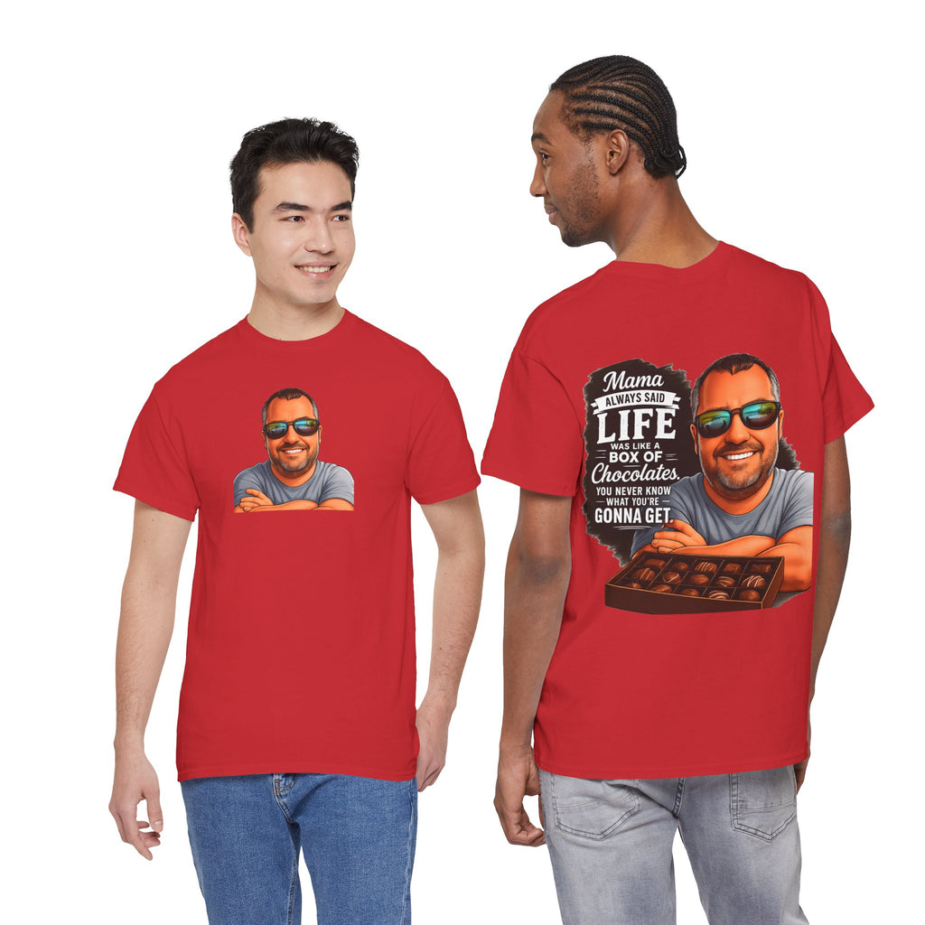 T-Shirt — "Mama Always Said Life Is Like A Box Of Chocolates" Graphic Tee (Funny Retro Portrait)