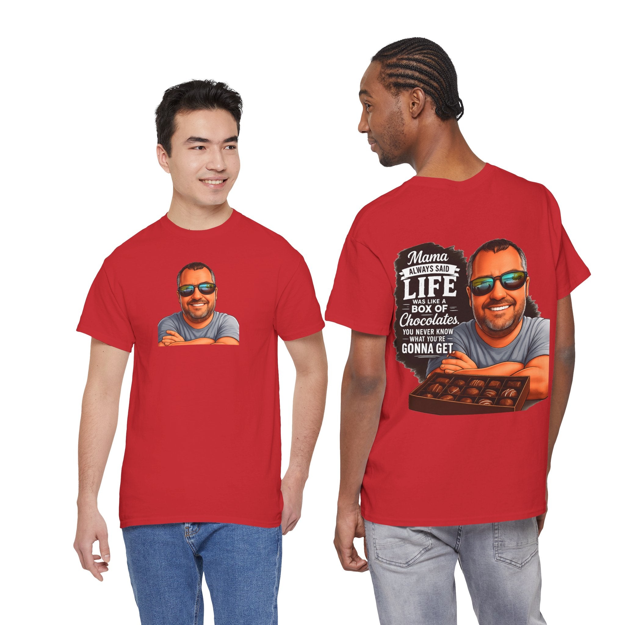 T-Shirt — "Mama Always Said Life Is Like A Box Of Chocolates" Graphic Tee (Funny Retro Portrait)