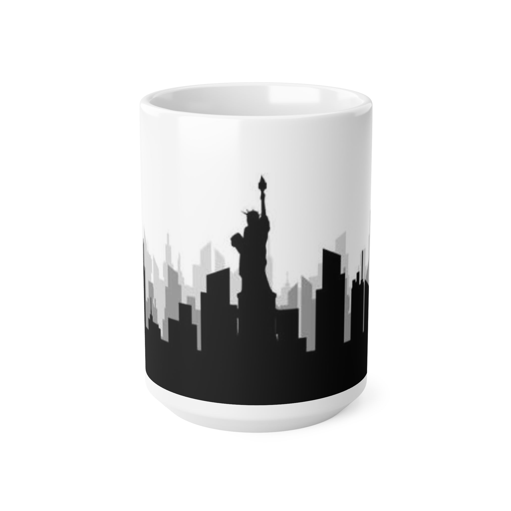 New York Skyline Ceramic Mug — Statue of Liberty Silhouette Coffee Cup (11oz, 15oz)