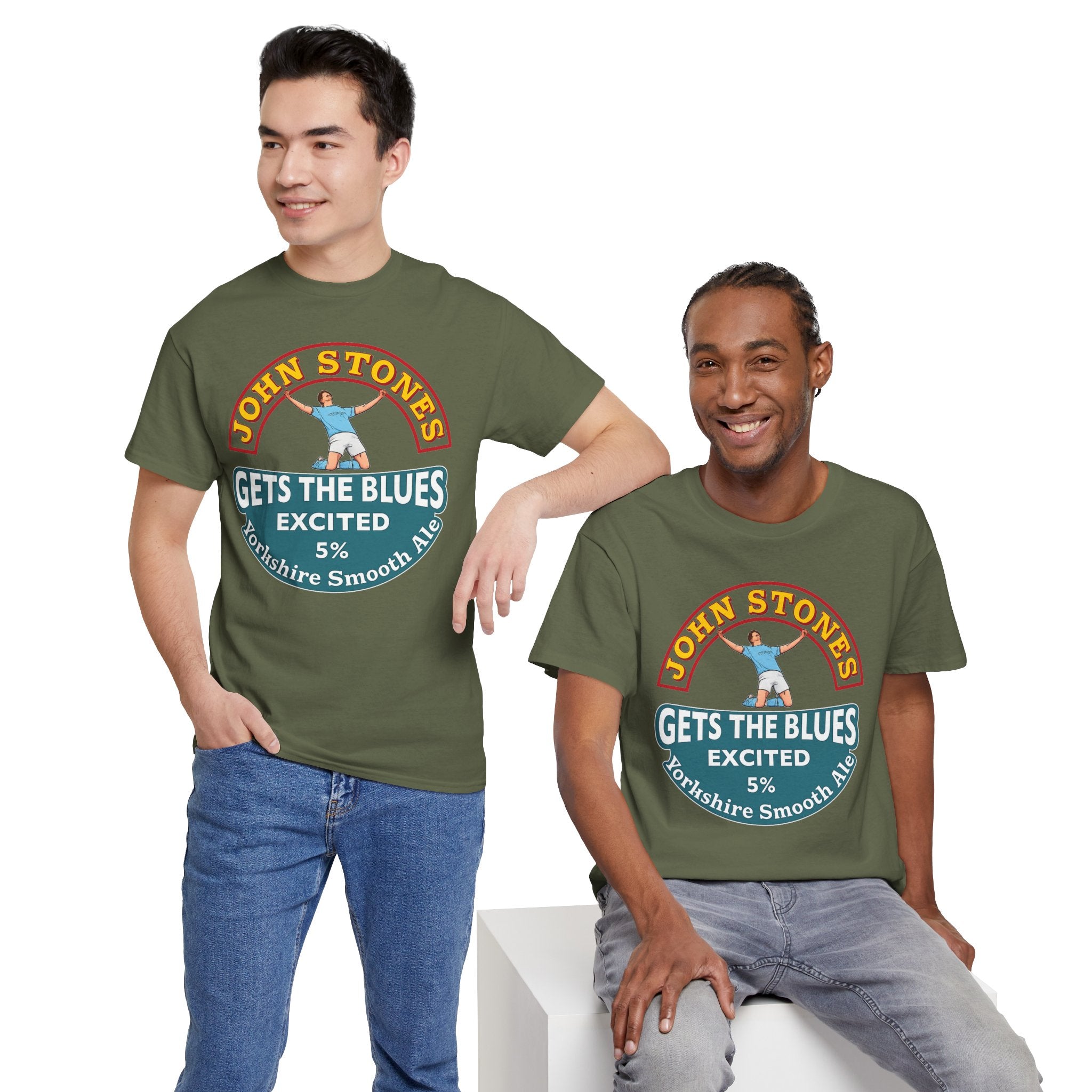 John Stones T-Shirt — "Gets The Blues Excited" Retro Ale Parody Tee