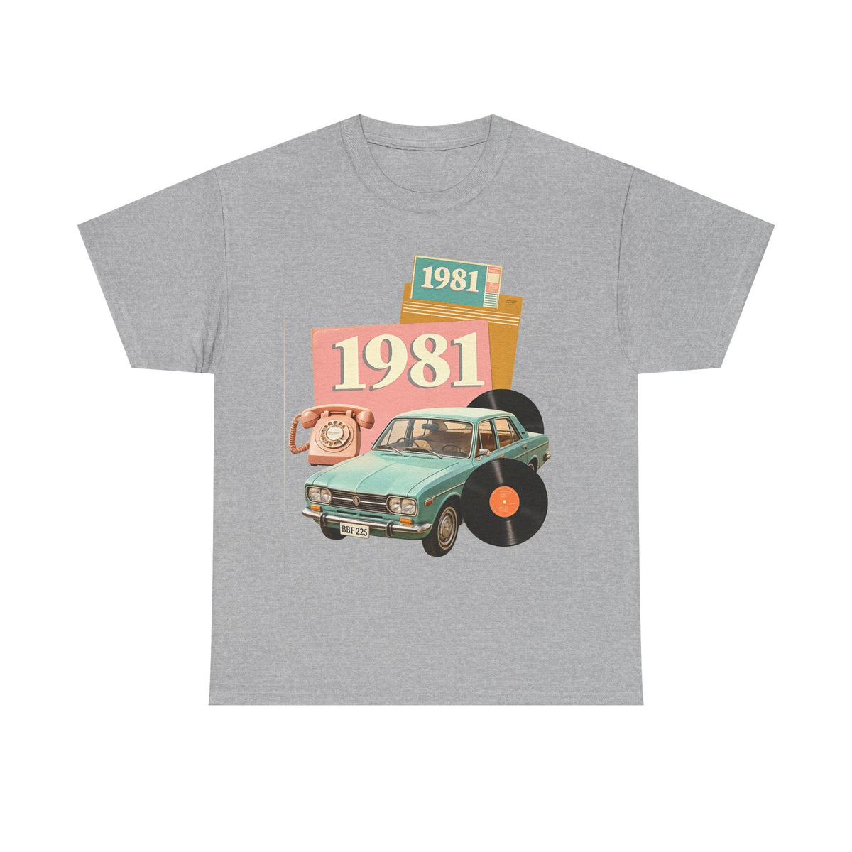 1981 Retro Car Tee — Vintage 80s Birthday T-Shirt with Record & Telephone Design