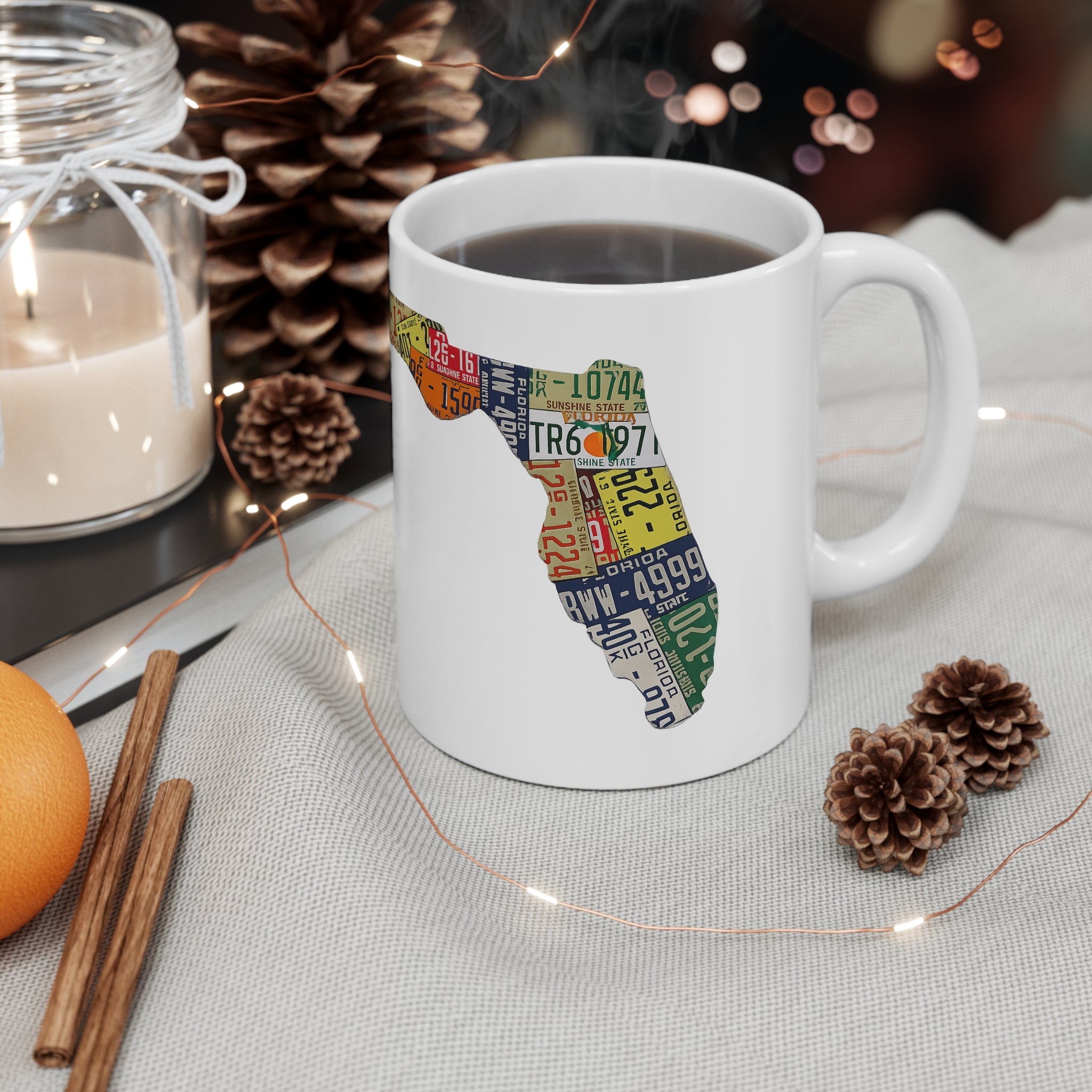 Florida License Plate Map Ceramic Coffee Mug — 11oz & 15oz