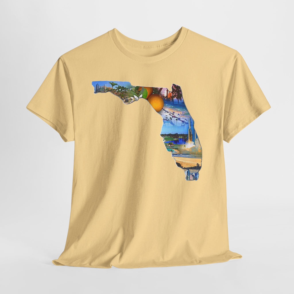 Florida State Shape T-Shirt — Scenic Beach & Sunset Map Tee
