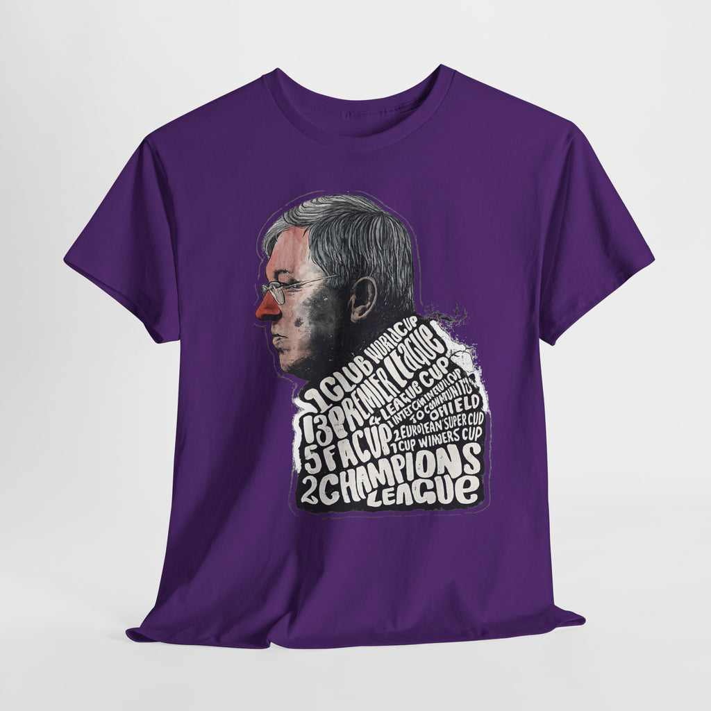 SIr Alex Ferguson Achievements Vintage Football Manager Profile Tee — Illustrated Head with Trophy Text Design