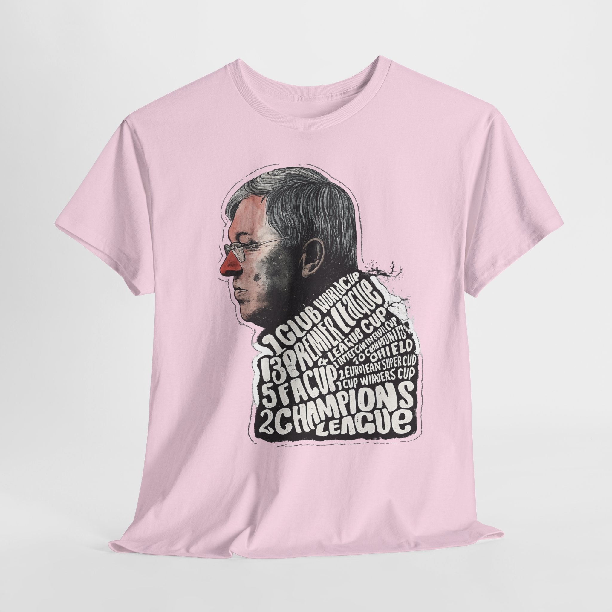 SIr Alex Ferguson Achievements Vintage Football Manager Profile Tee — Illustrated Head with Trophy Text Design
