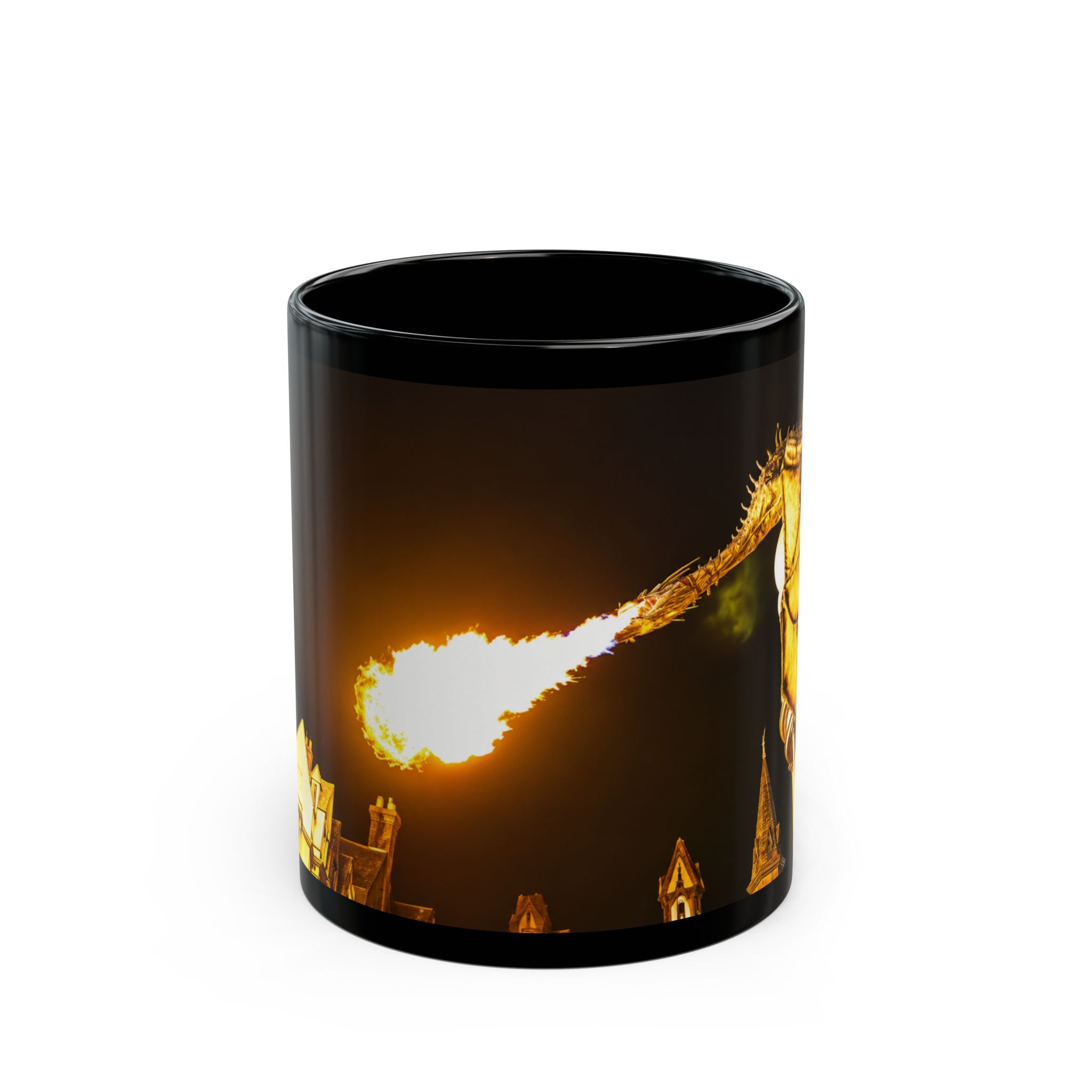 Golden Dragon Fire-Breathing Black Mug — Fantasy Castle Coffee Cup