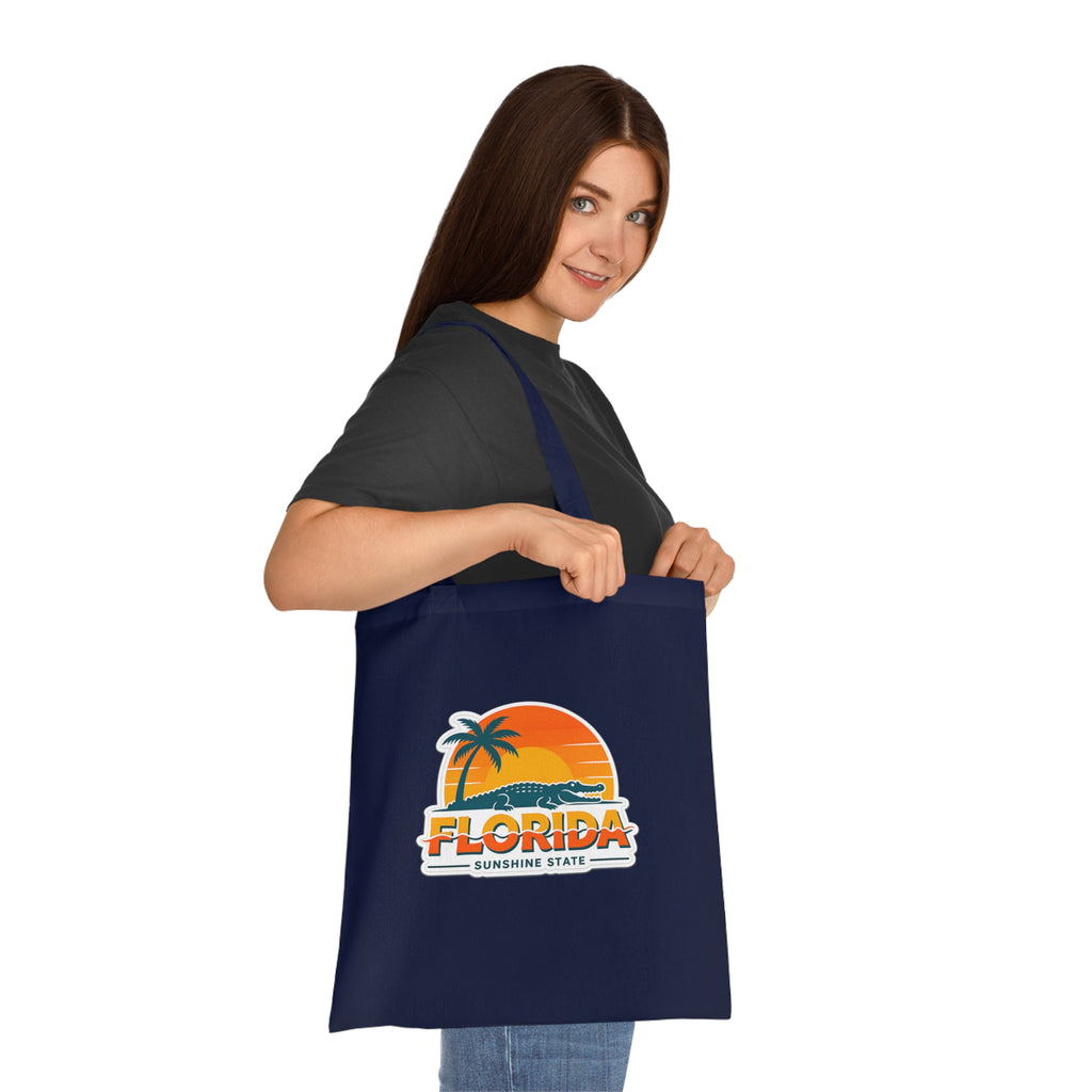 Florida Sunshine State Palm Tree Tote Bag — Retro Beach Sunset Cotton Tote
