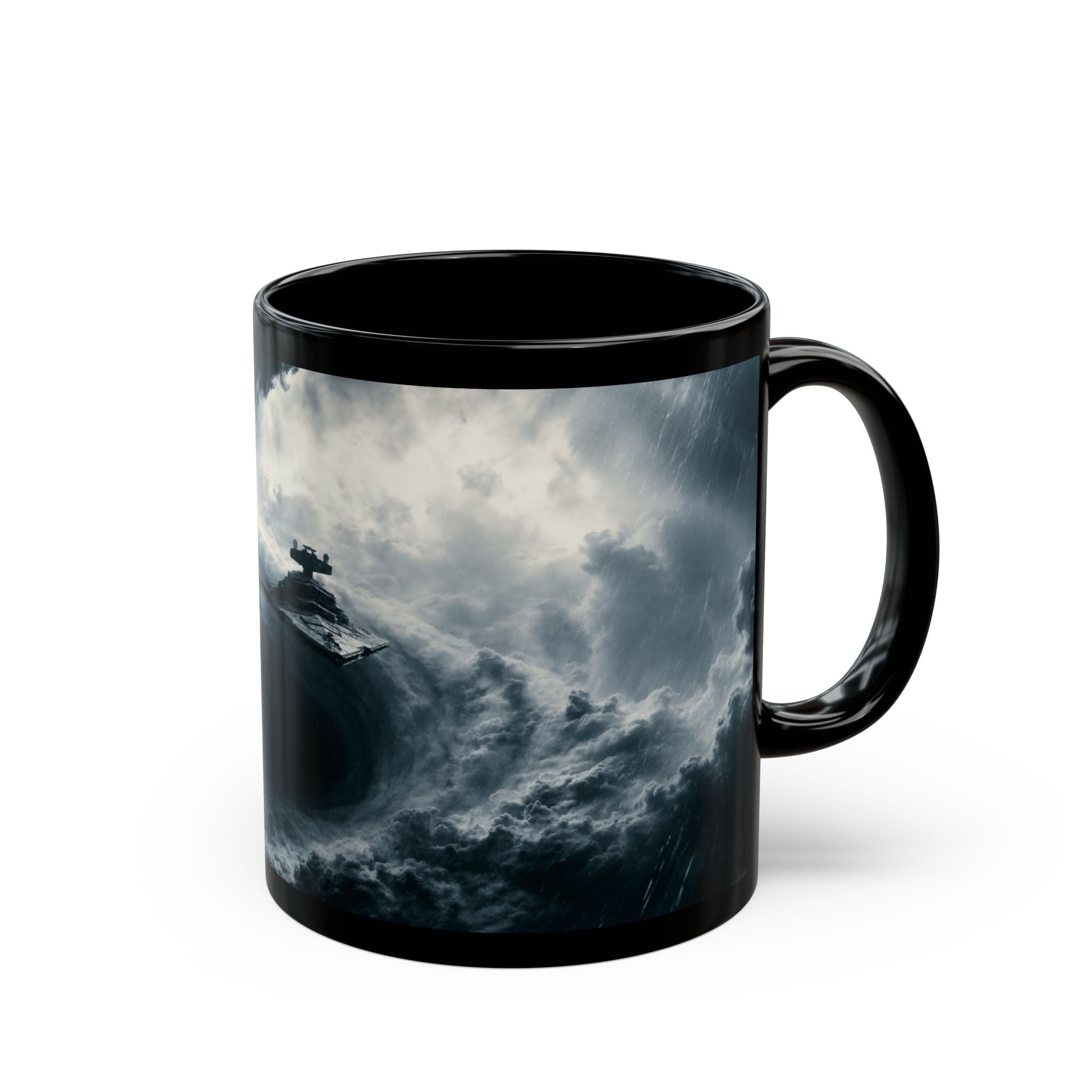 Empire Star Destroyer Stormy Starship Black Mug — Sci‑Fi Space Battle Coffee Cup (11oz, 15oz)