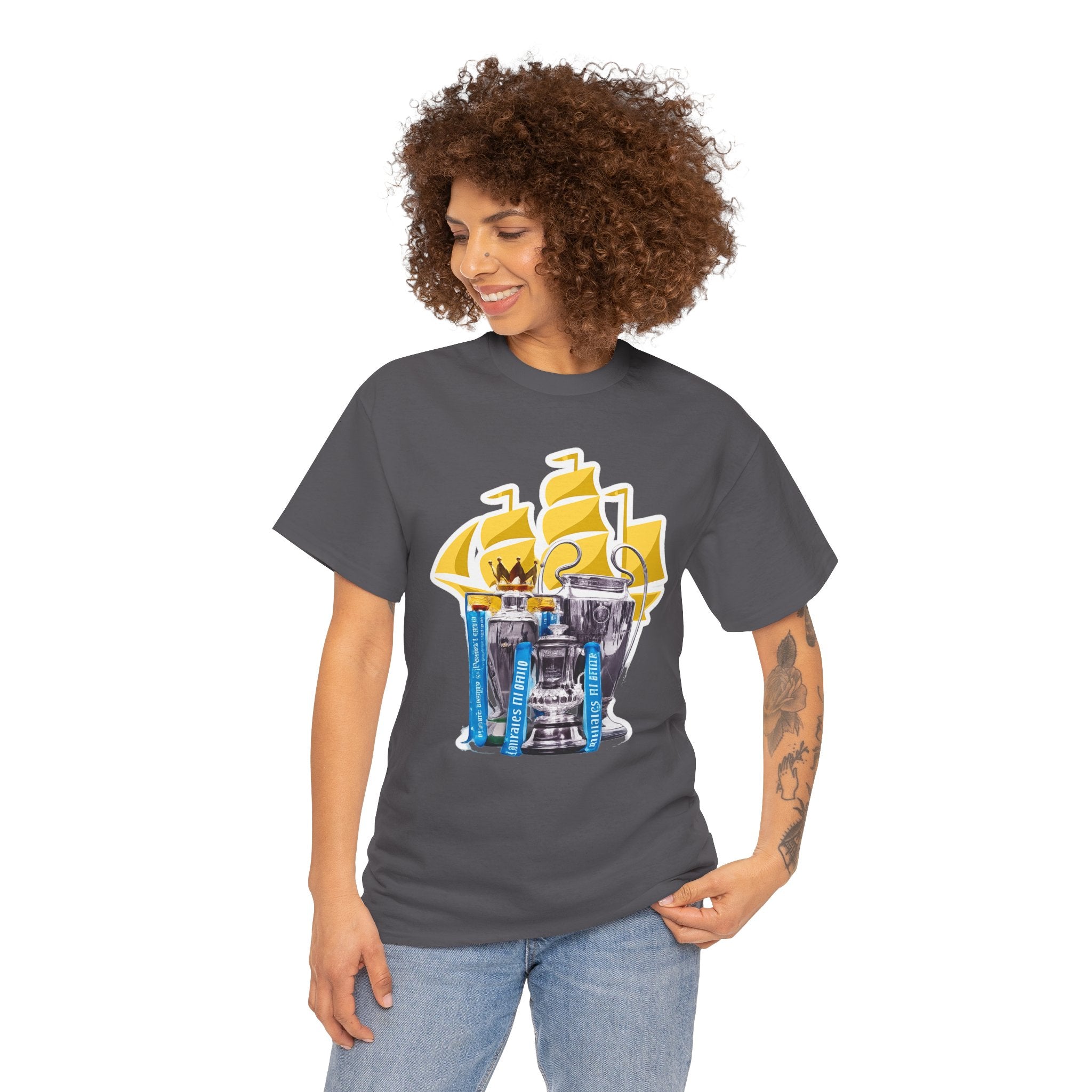 Manchester City Champions Trophy Tee – Golden Cups & Blue Scarves Football Fan Shirt