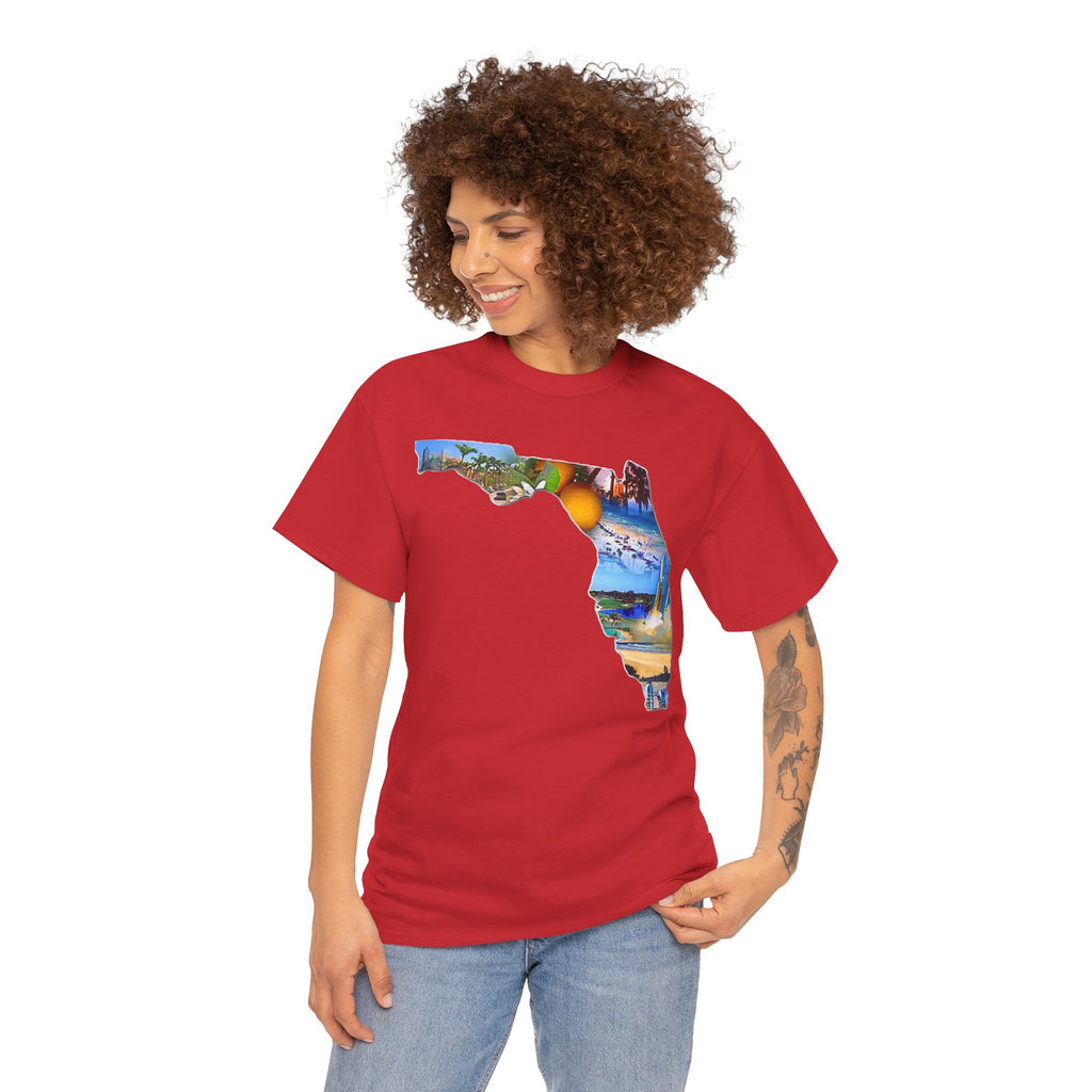 Florida State Shape T-Shirt — Scenic Beach & Sunset Map Tee