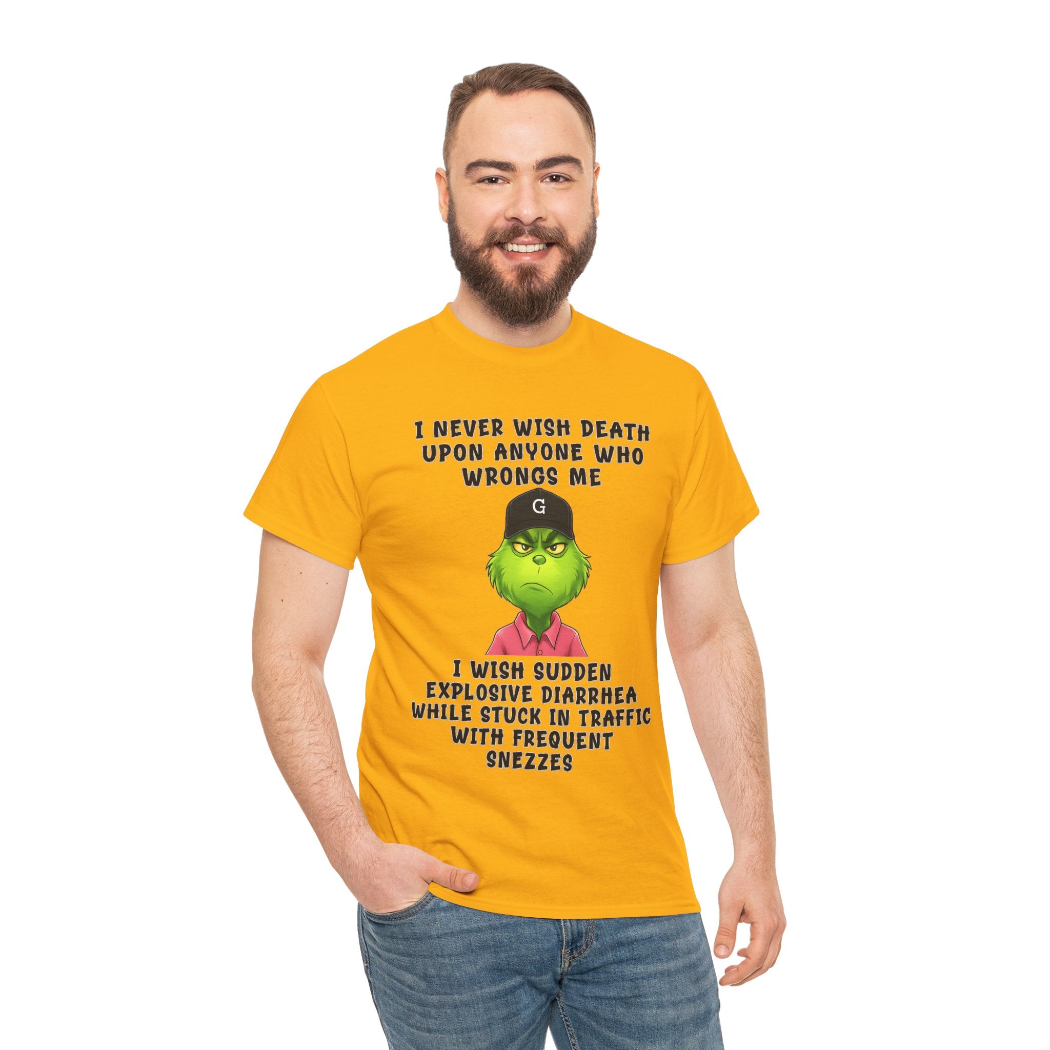 Funny Grinch Face Tee — “I Never Wish Death…” Novelty Graphic T-Shirt