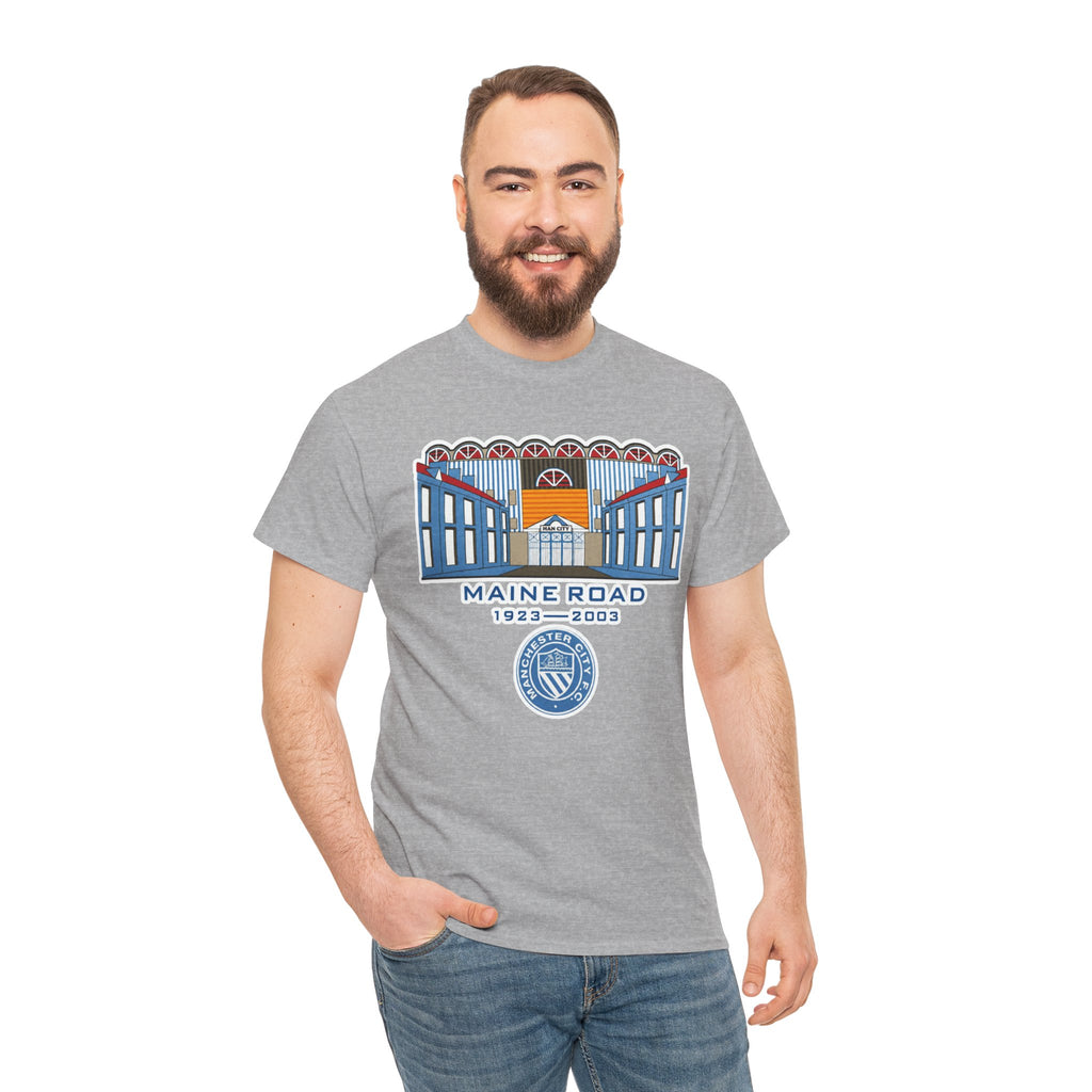 Maine Road 1923–2003 Cotton T-Shirt — Vintage Stadium Illustration Tee